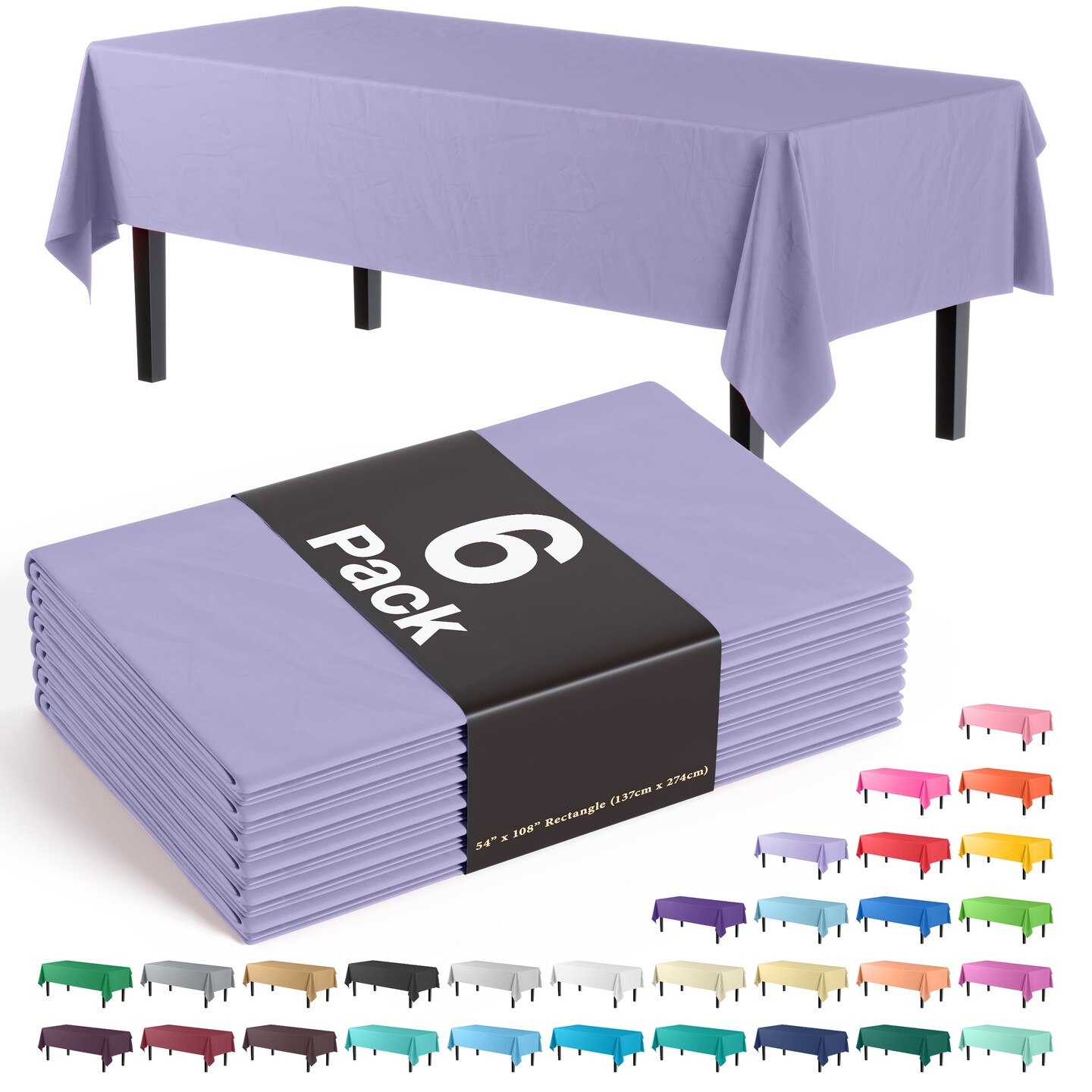 Exquisite 6-Pack Premium Plastic Tablecloth 54in. x 108in. Rectangle Plastic Table Cover