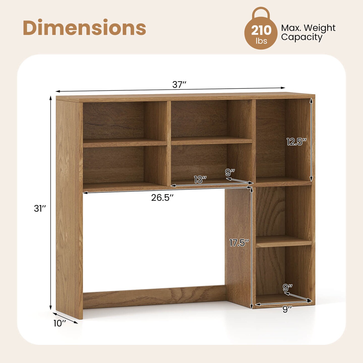 Costway Desktop Bookshelf Desk Storage Hutch with 7 Open Cubbies & 3 Adjustable Shelves Natural/Beige/Gray/Brown/White