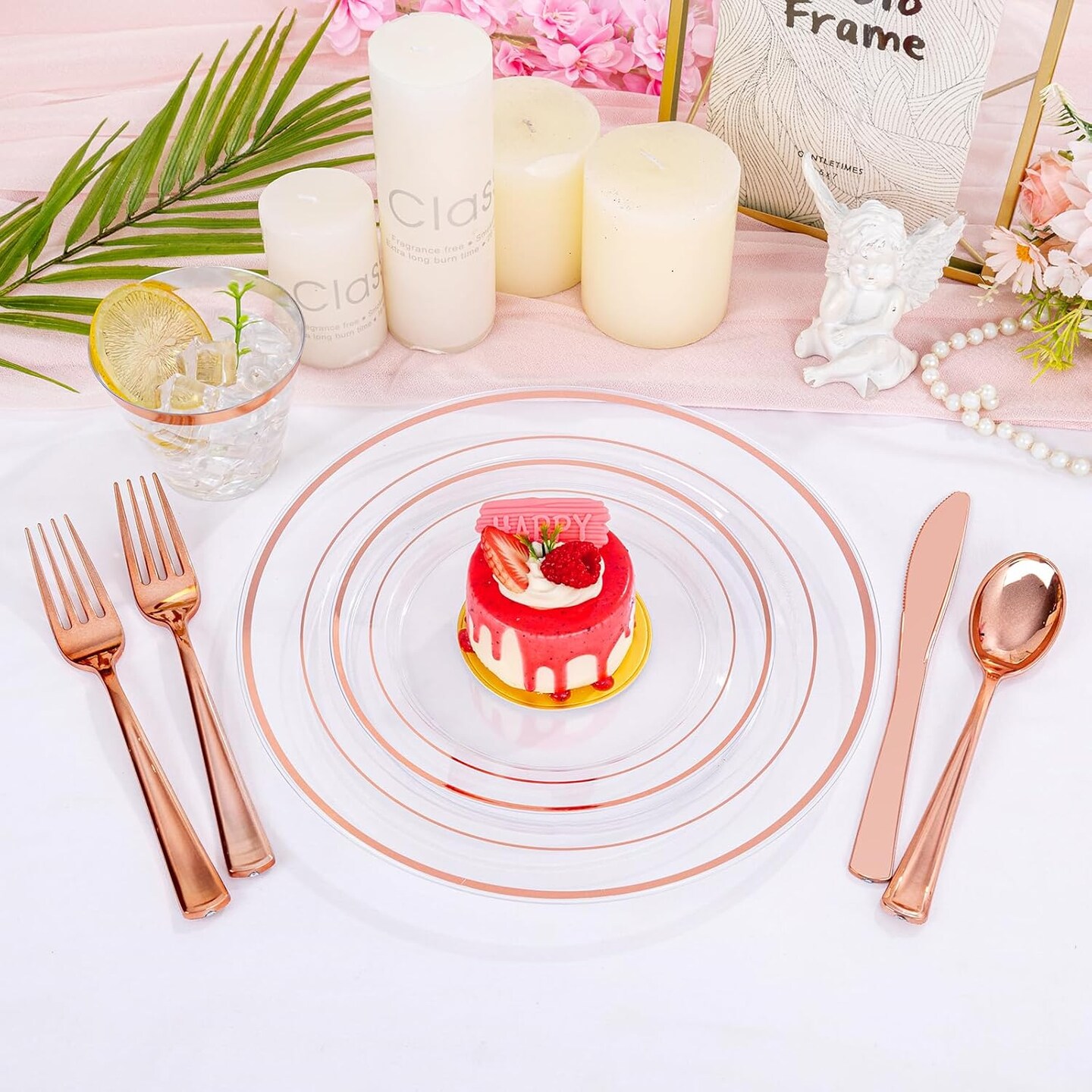 300PCS Clear Rose Gold Plastic Dinnerware - Rose Gold Disposable Dinnerware Set Include 50 Dinner Plates,50 Dessert Plates,50 Knives,50 Forks,50 Spoons,50 Cups for Party, Wedding & Mother’s Day