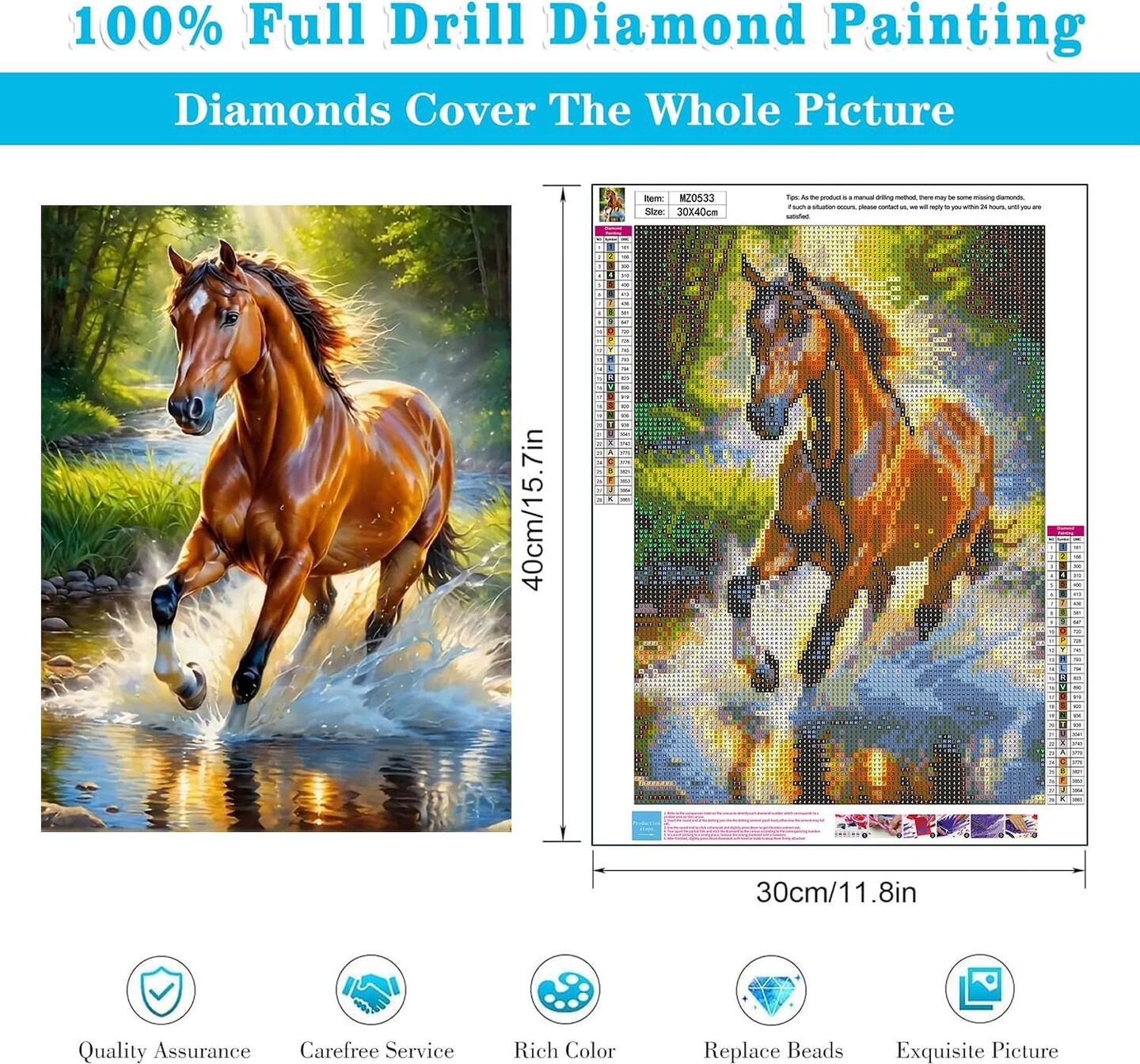 Horse Diamond Painting Kits for Adults – 5D Round Full Drill Diamond Art for Beginners, DIY Gem Art Painting Kits for Home Décor & Gifts, 12×16 Inch