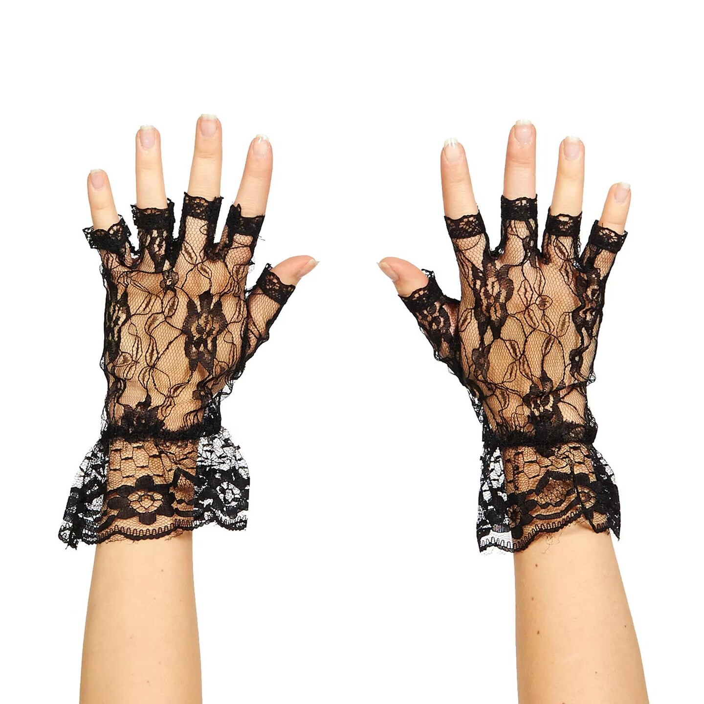 80&#x27;s Punk Rock - Black Lace Fingerless Costume Gloves