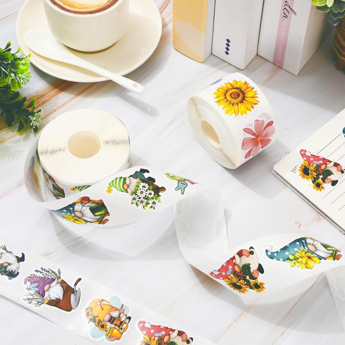 1000Pcs Spring Gnome Stickers 12 Designs Floral Gnome Decals Cute Adhesive Sealing Labels for Birthday Baby Shower Grocery Baking Bag Party Favor Supplies, 2 Rolls