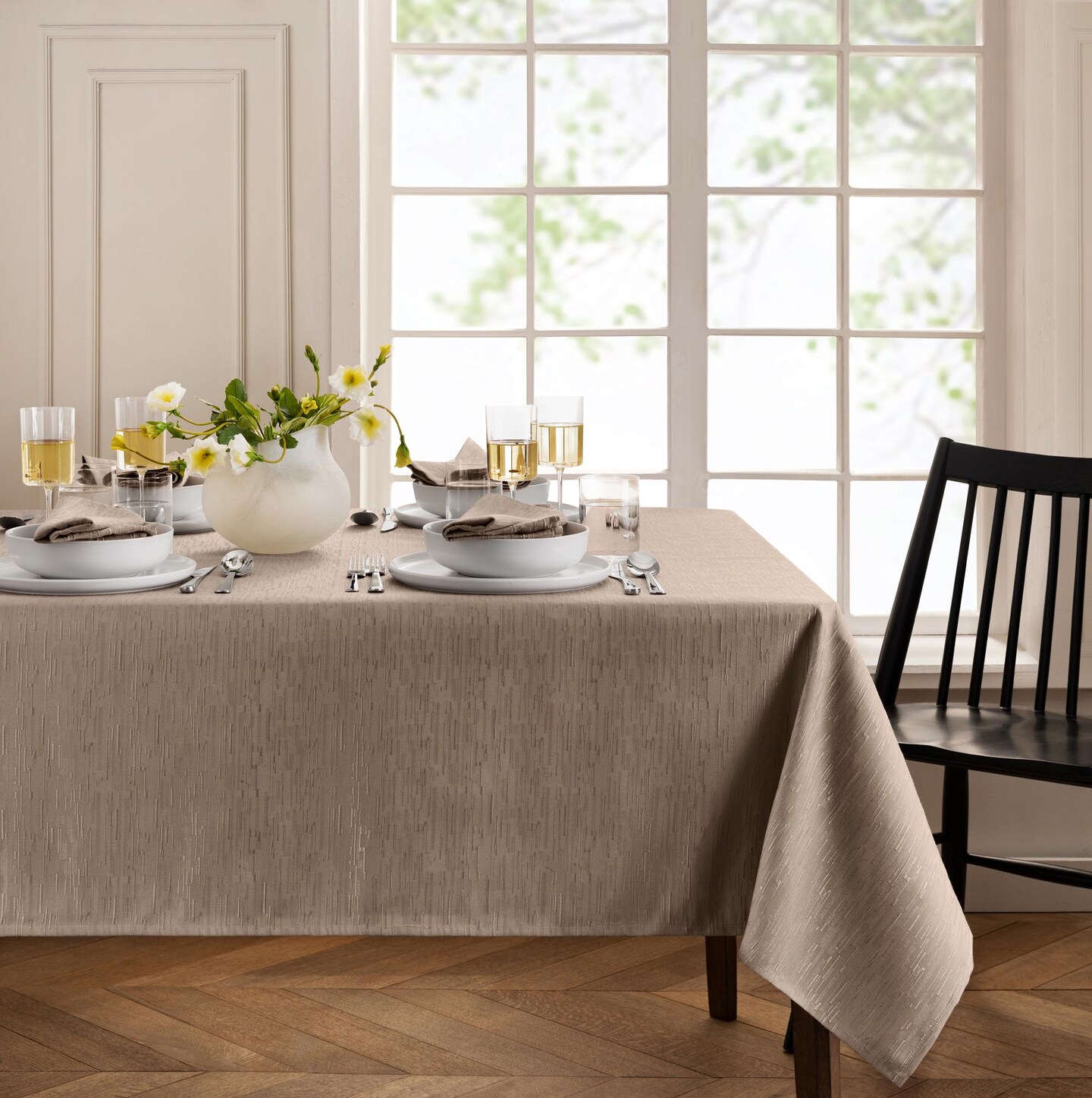 Threadmade Home Continental Solid Texture Water Resistant Tablecloth, Taupe - 60"W x 102"L