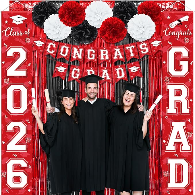 Graduation Party Decorations Class of 2026, Graduation Decorations with Congrats Grad Banner Fringe Foil Curtain Paper Flower Ball Balloons for High School College Grad Party Supplies, Red
