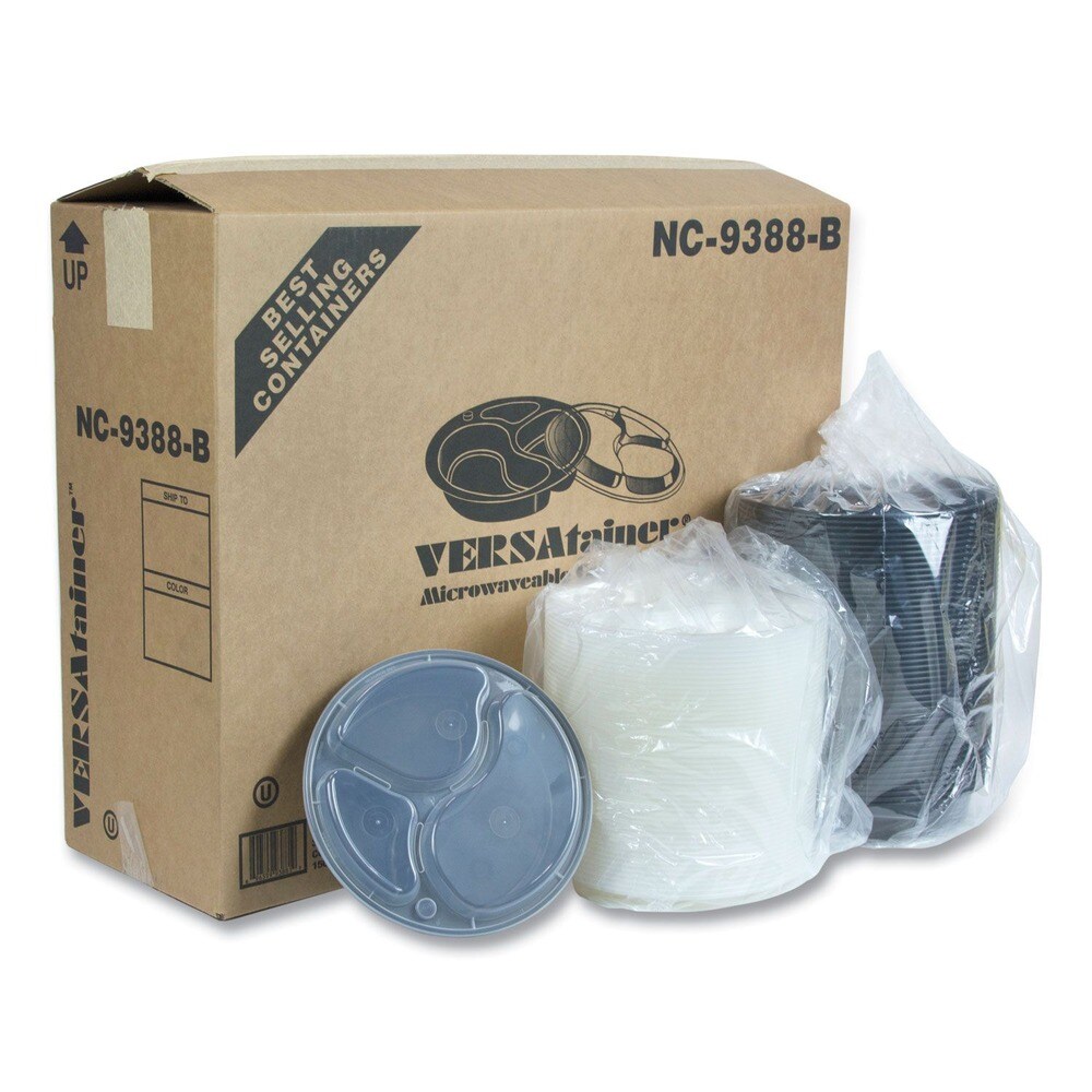 Pactiv Corp. Newspring VERSAtainer 3 Compartment 39 oz. 9 in. x 9 in. x 2.25 in. Round Plastic Microwavable Containers - Black/Clear
