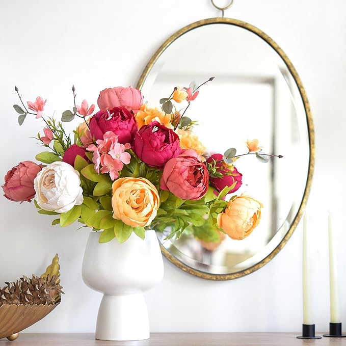 Artificial Peony Bouquets, 2 Silk Flower Bundles in Peach, Coral, Cream & Burgundy with Hydrangeas for Wedding Centerpieces & Home Decor (Country Delightful)