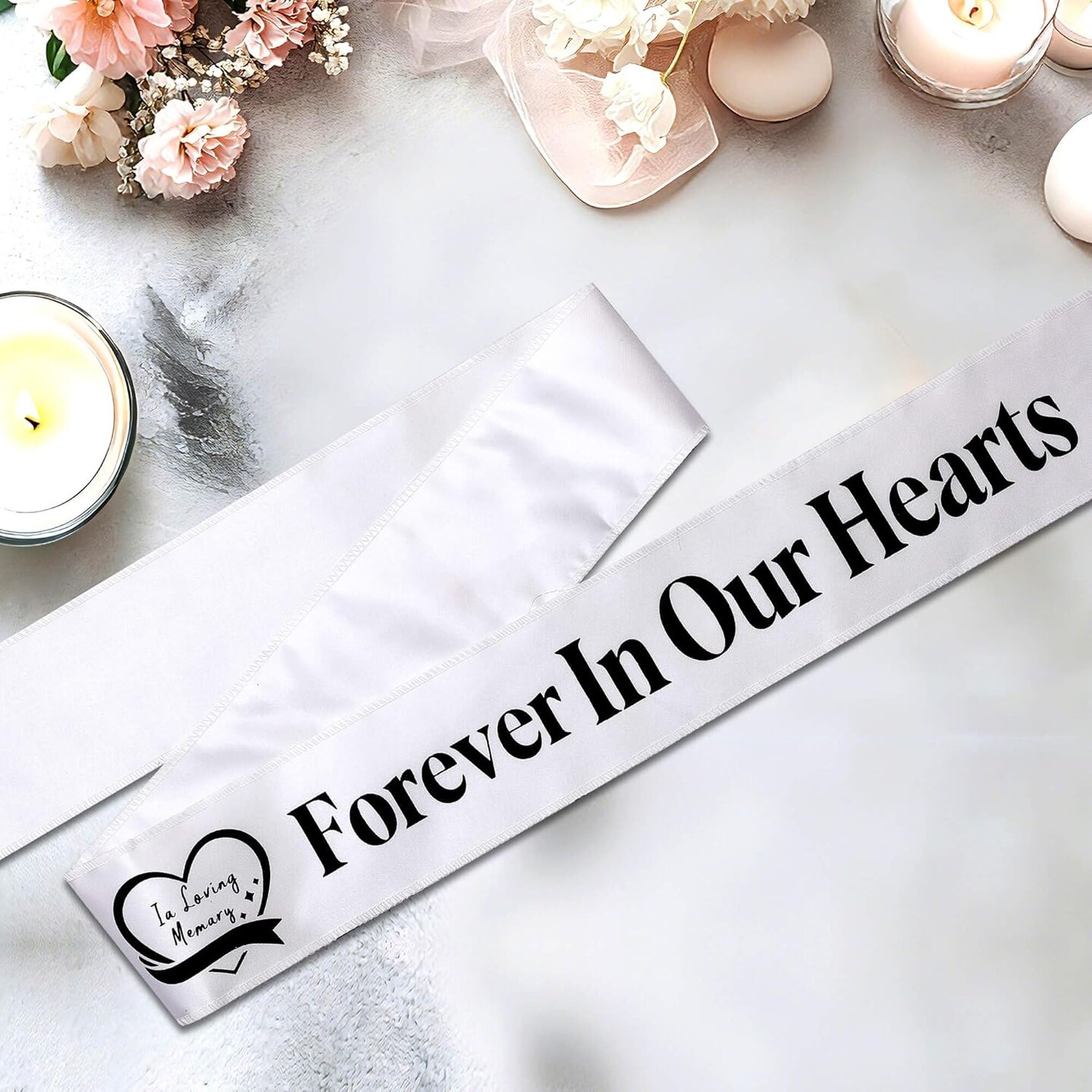 Elegant Funeral Wreath Sash – Funeral Sash Memorial Wreath Sash Funeral Ribbon Celebration,Forever in Our Hearts Memorial Ribbon for Graves & Wreaths (White)