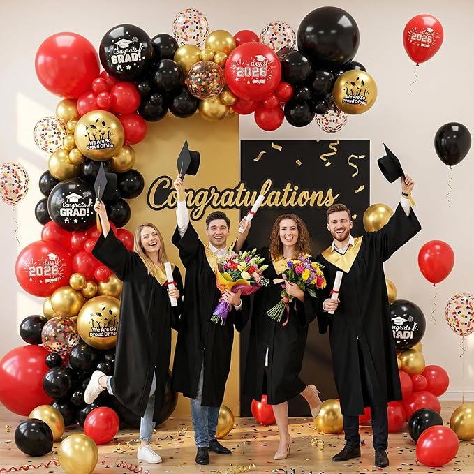 Graduation 2026 Balloons, 12 inch Red Black Gold Graduation Balloons Confetti Balloons for Graduation College High School Class of 2026 Congrats Grad Party Decorations