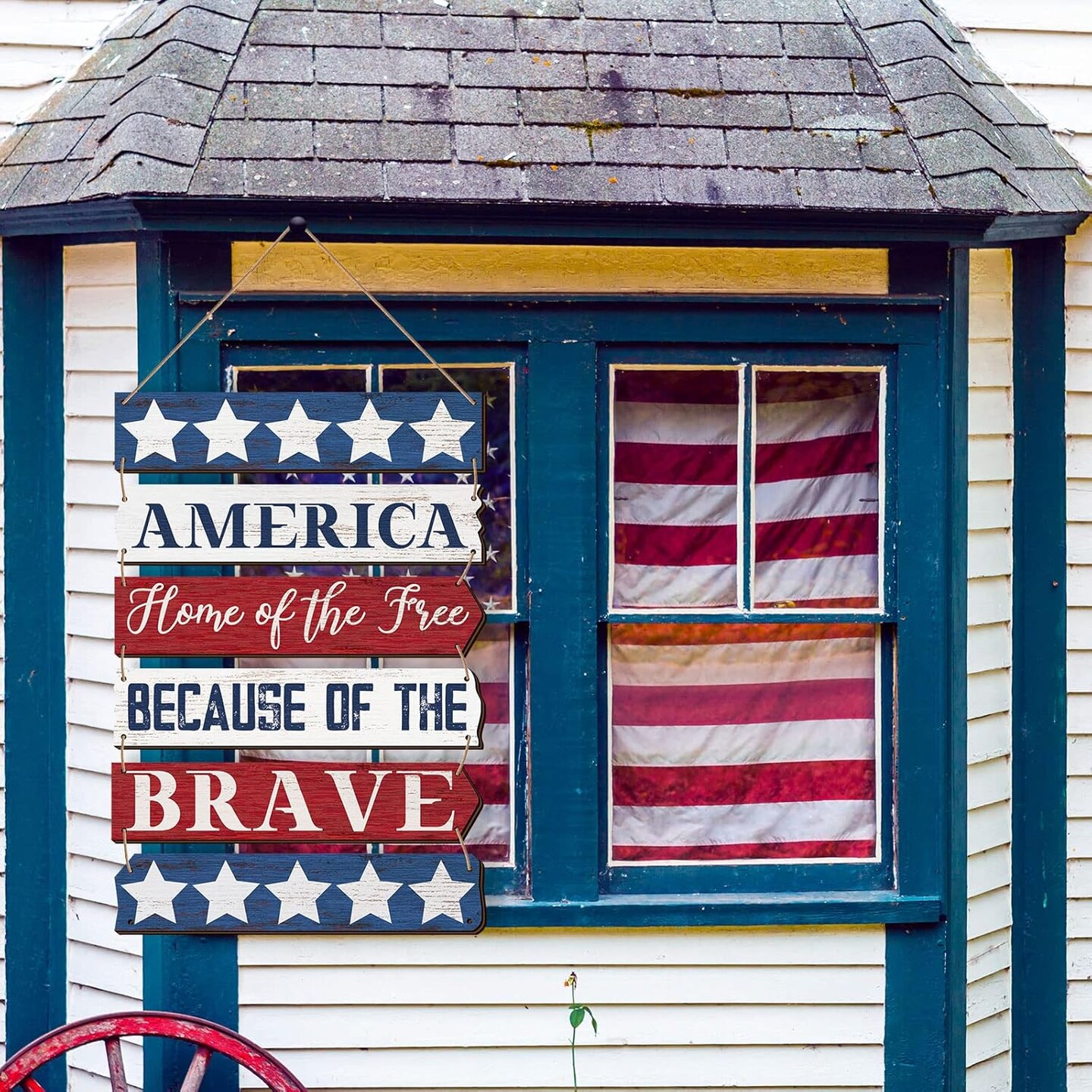 4th of July Decorations Patriotic Wall Decor Memorial Day Wooden Hanging Sign Rustic Red White Blue American Stars Door Sign Large Independence Day Wood Hanging Plaque for Front Door Porch Home