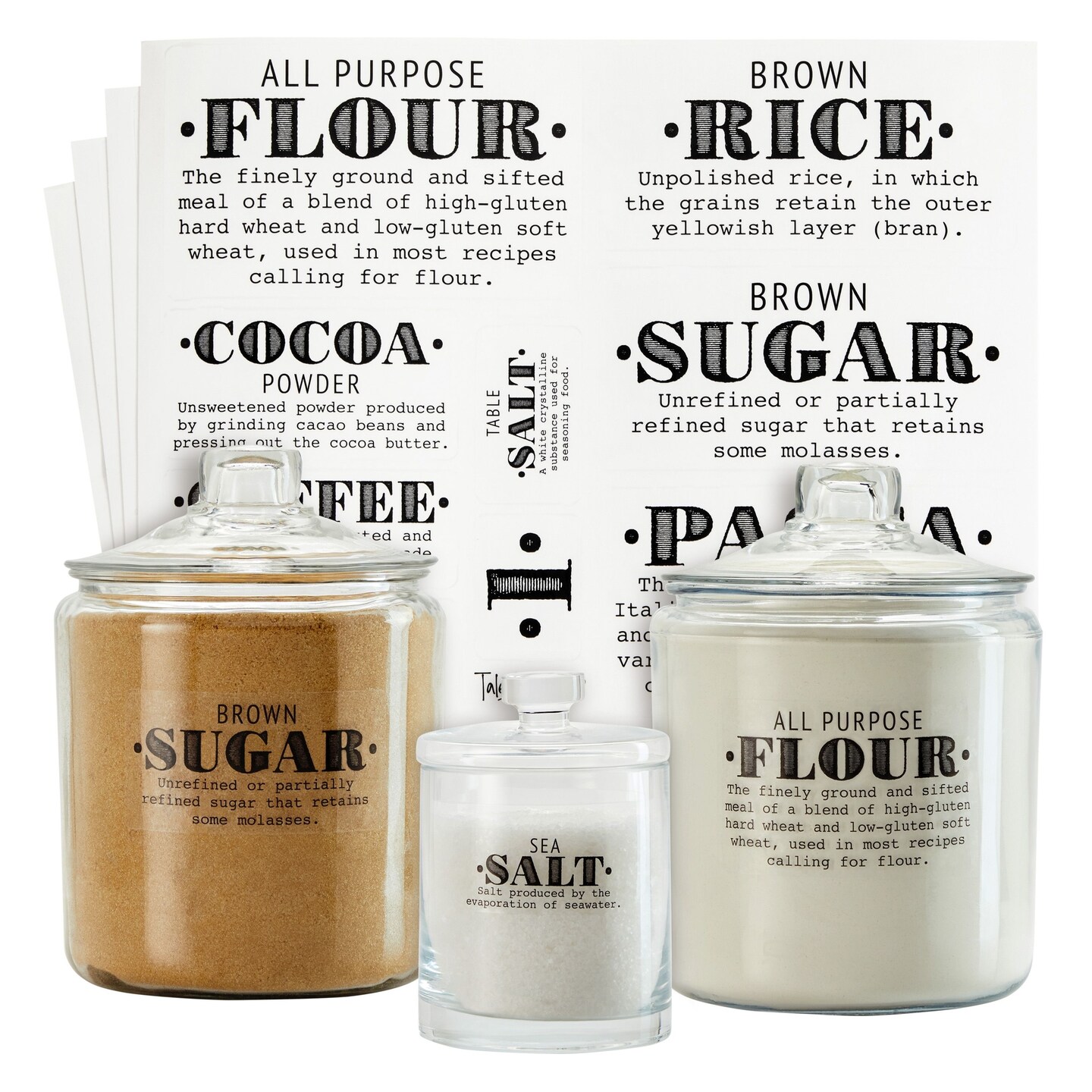 Talented Kitchen 36 Preprinted Pantry Labels with Ingredient Definitions, Clear Farmhouse Style Stickers for Food Jars, Kitchen Organization, and Storage (Water Resistant)