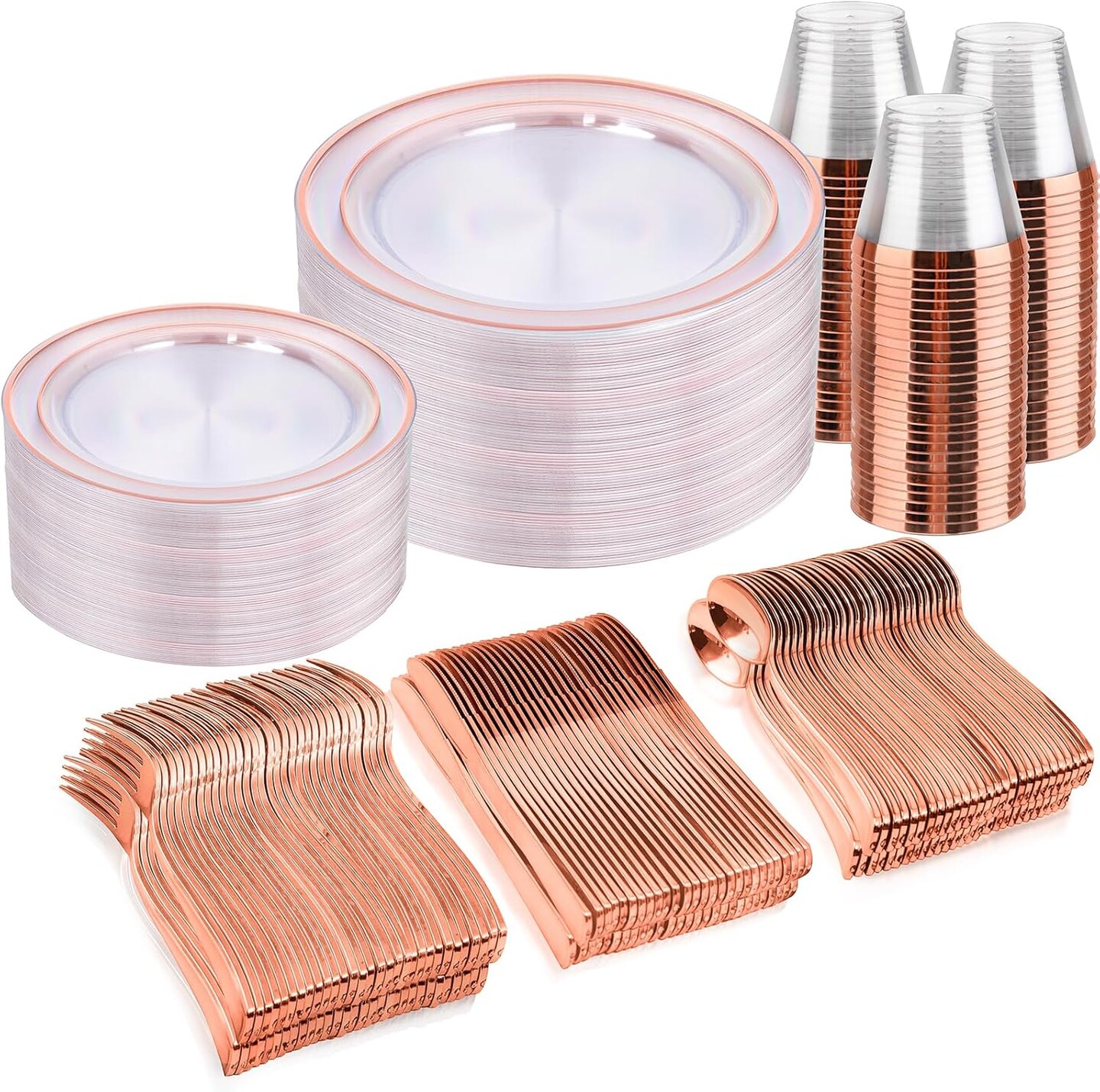 300PCS Clear Rose Gold Plastic Dinnerware - Rose Gold Disposable Dinnerware Set Include 50 Dinner Plates,50 Dessert Plates,50 Knives,50 Forks,50 Spoons,50 Cups for Party, Wedding & Mother’s Day