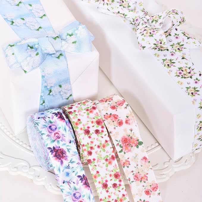 Floral Grosgrain Ribbon, 5 Rolls Flower Pattern Ribbon Spring Summer Fabric Decorative Craft Ribbon Roll for Gift Wrapping Decor Hair Bow Sewing Wreath Crafts (Mixed Color, 1-1/2Inch X 10Yards)
