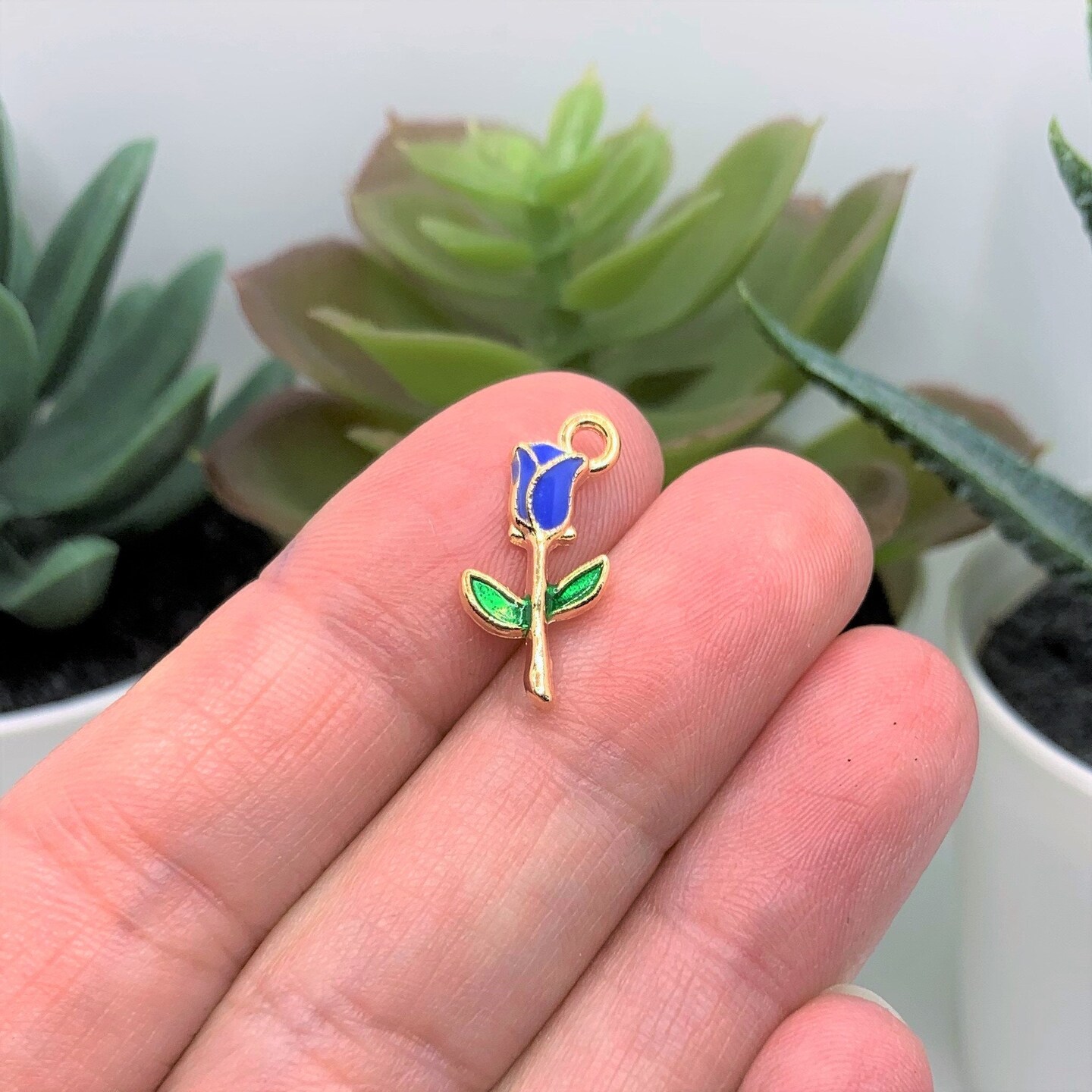 Blue Enamel Rose Charms, 19x9mm