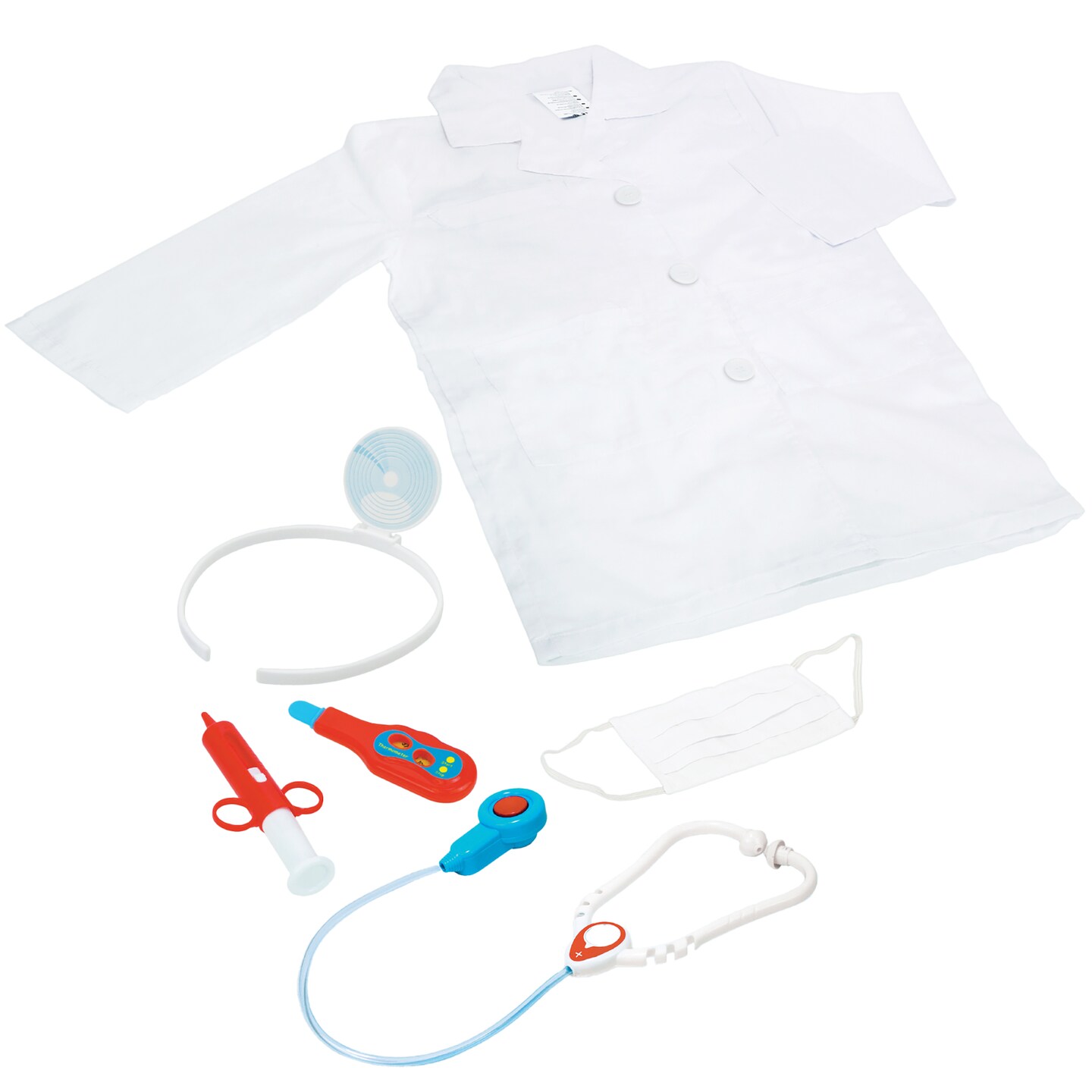 Playful Minds: Doctor Roleplay Set - 6pc White & Red Costume, Coat-Mask-Thermometer, Sounds Stethoscope, Toy Accessories, Dress-Up, Pretend, Kids 3+