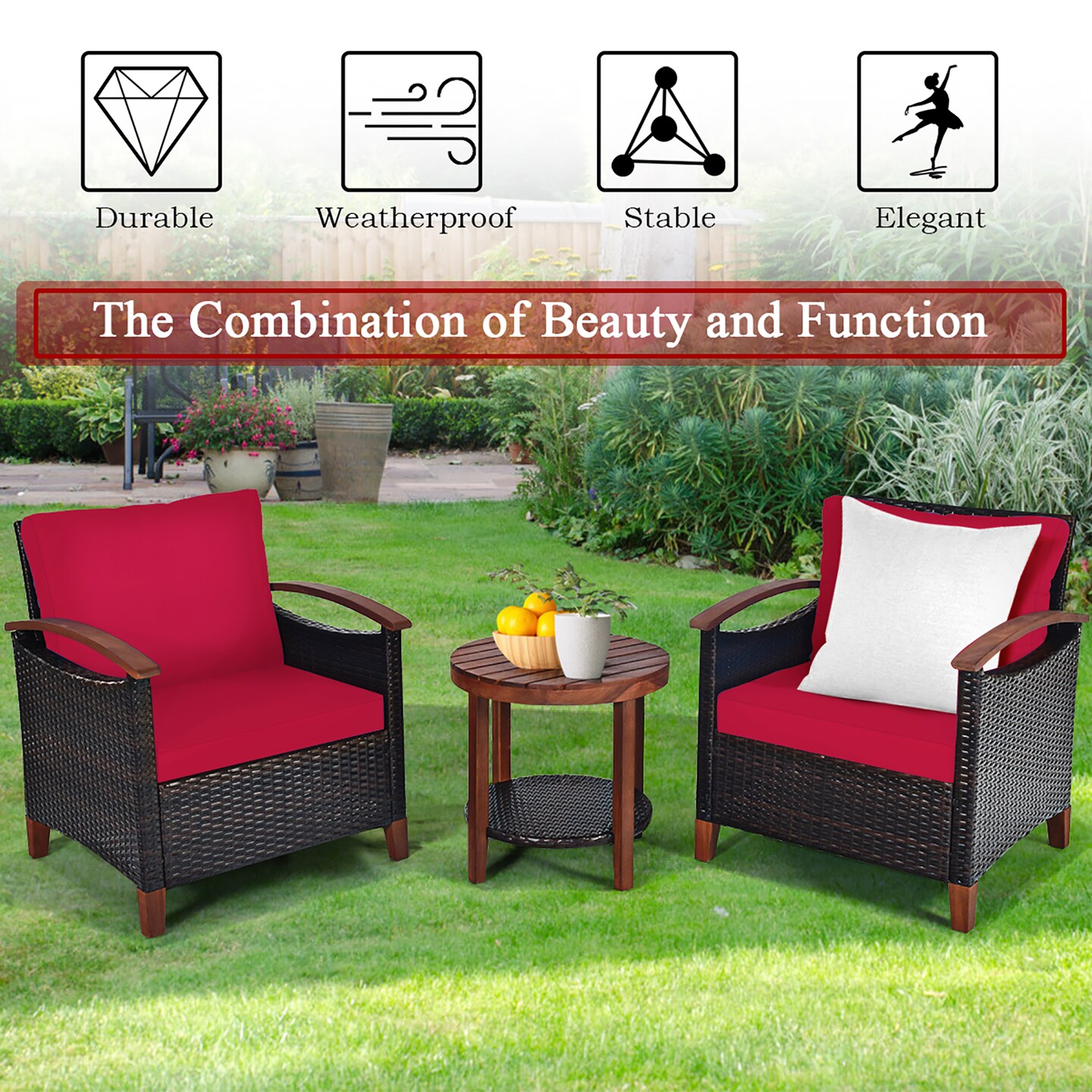 Costway 3PCS Patio Rattan Furniture Set Wooden Frame Cushion Table Shelf Red\Beige\Blue