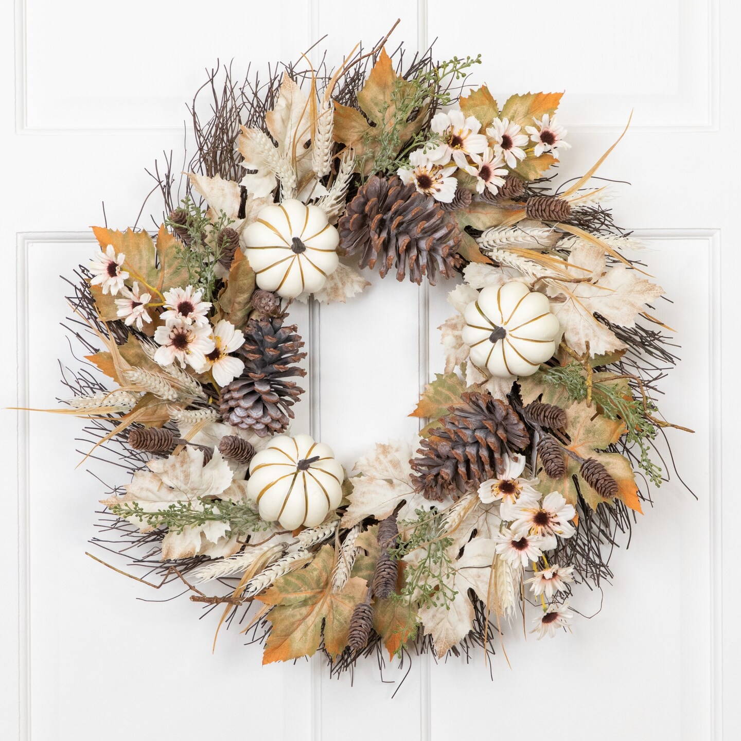 Northlight Pumpkin, Wheat and Pinecone Artificial Floral Fall Harvest Wreath - 24"