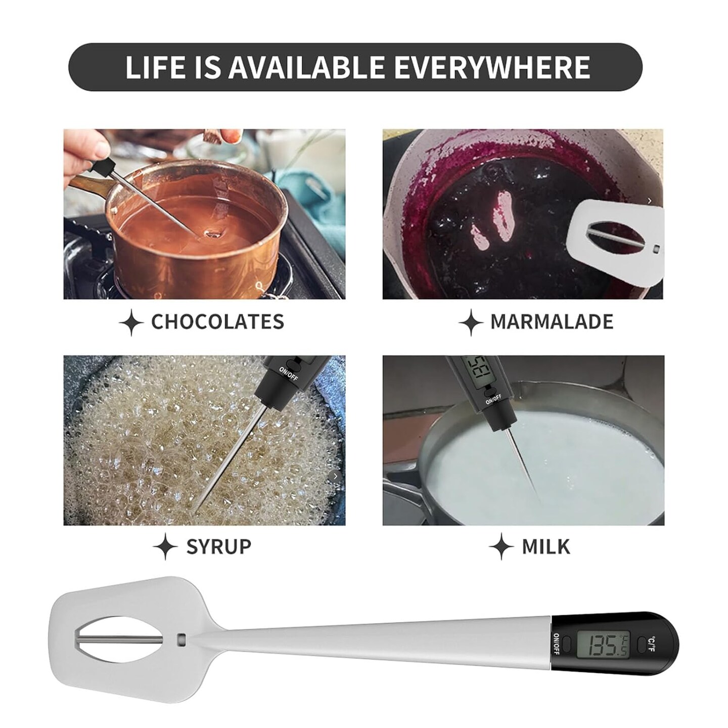 Digital Food Thermometer with Spatula & 9" Probe – Instant-Read Thermometer for Candy, Chocolate, Jam, and Meat, with Pot Clip, BPA-Free Silicone Handle