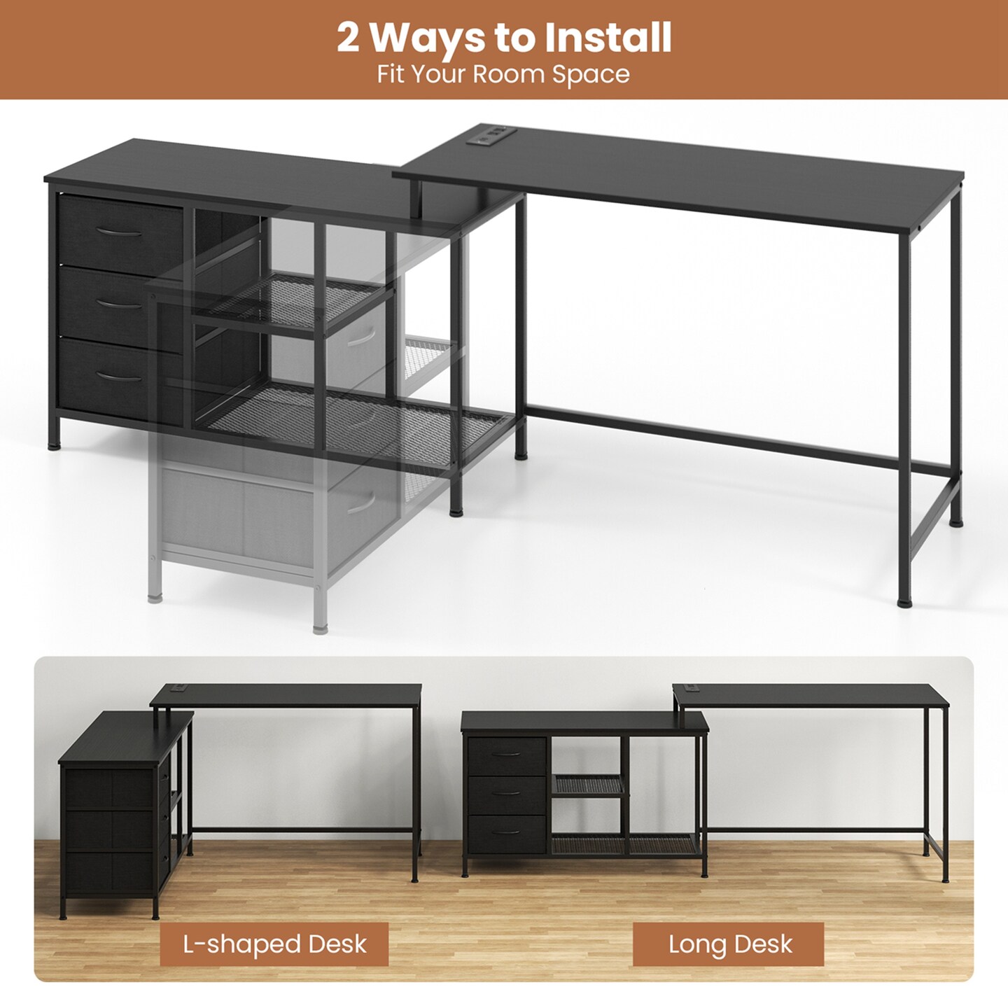Costway L-shaped Computer Desk with Power Outlet, Drawers, Metal Mesh Shelves Rustic Brown/Black/White