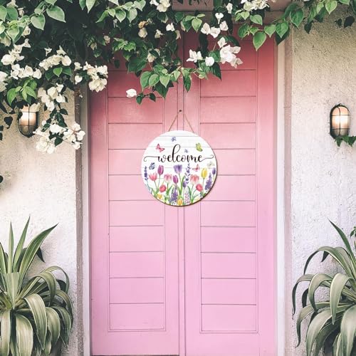 Summer Flower Welcome Door Sign Tulip Wooden Hanging Sign Floral Butterfly Door Hanger Sign for Spring Summer Holiday Indoor Outdoor Farmhouse Home Porch Window Decor
