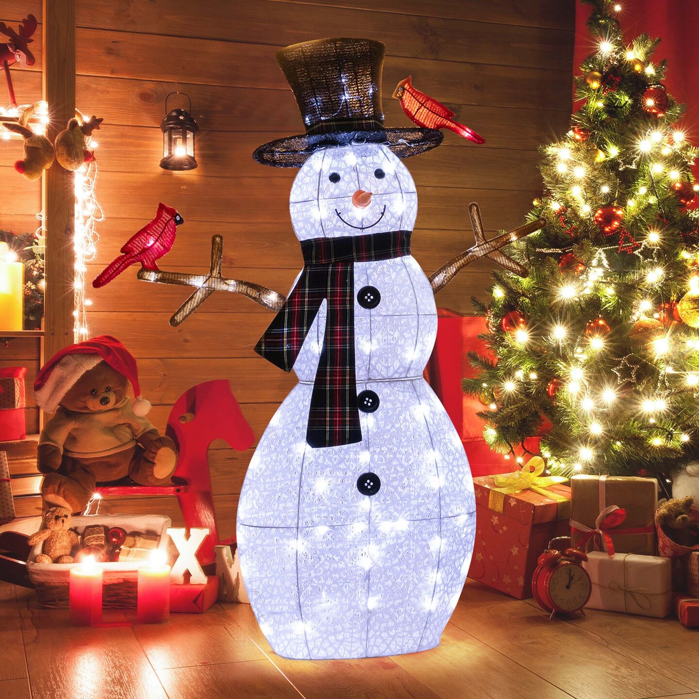 Costway 4.2 FT Pre-Lit Snowman & Redbirds Christmas Decoration with LED Lights Holiday