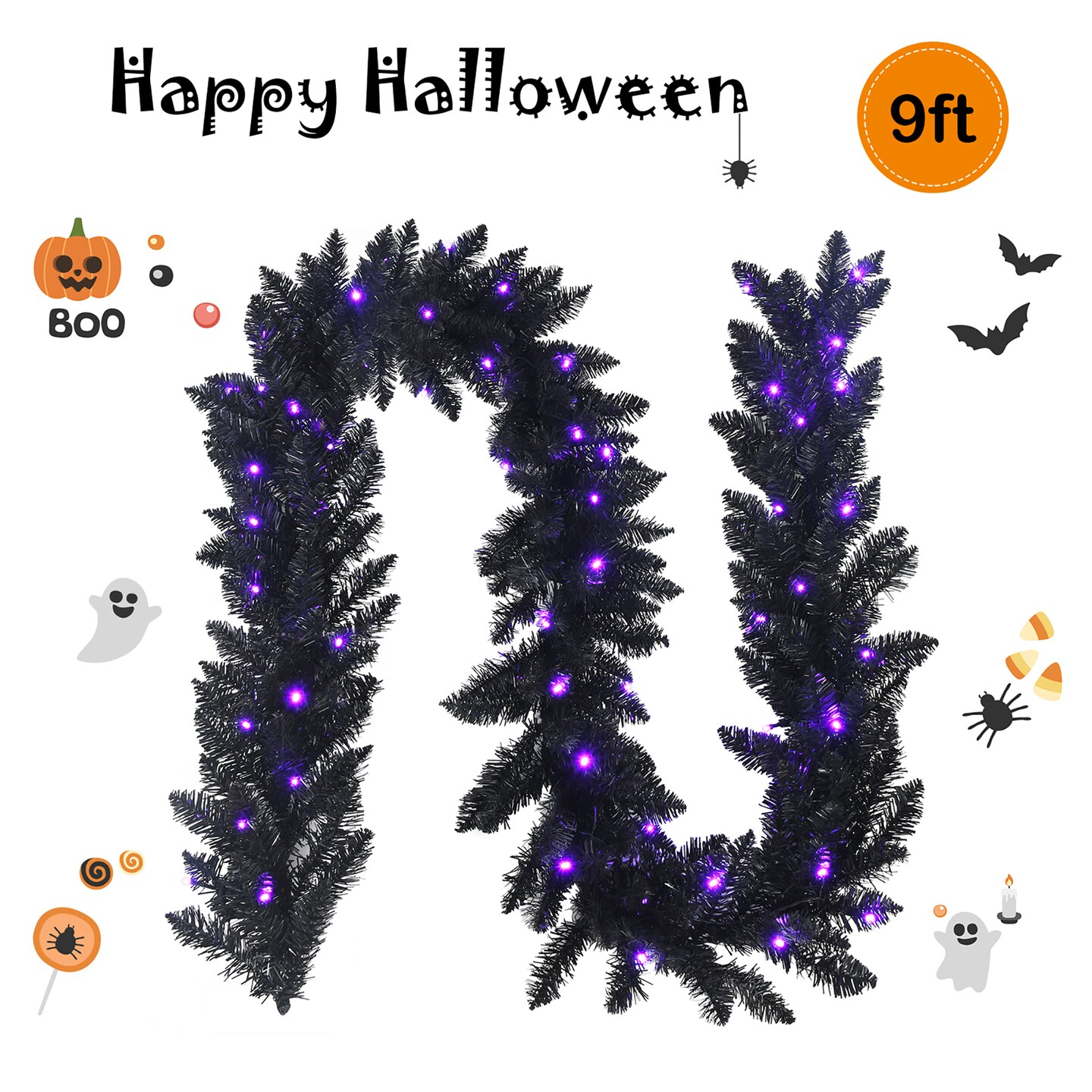 Costway 9ft Pre-lit Christmas Halloween Garland Black w/ 50 Purple LED Lights