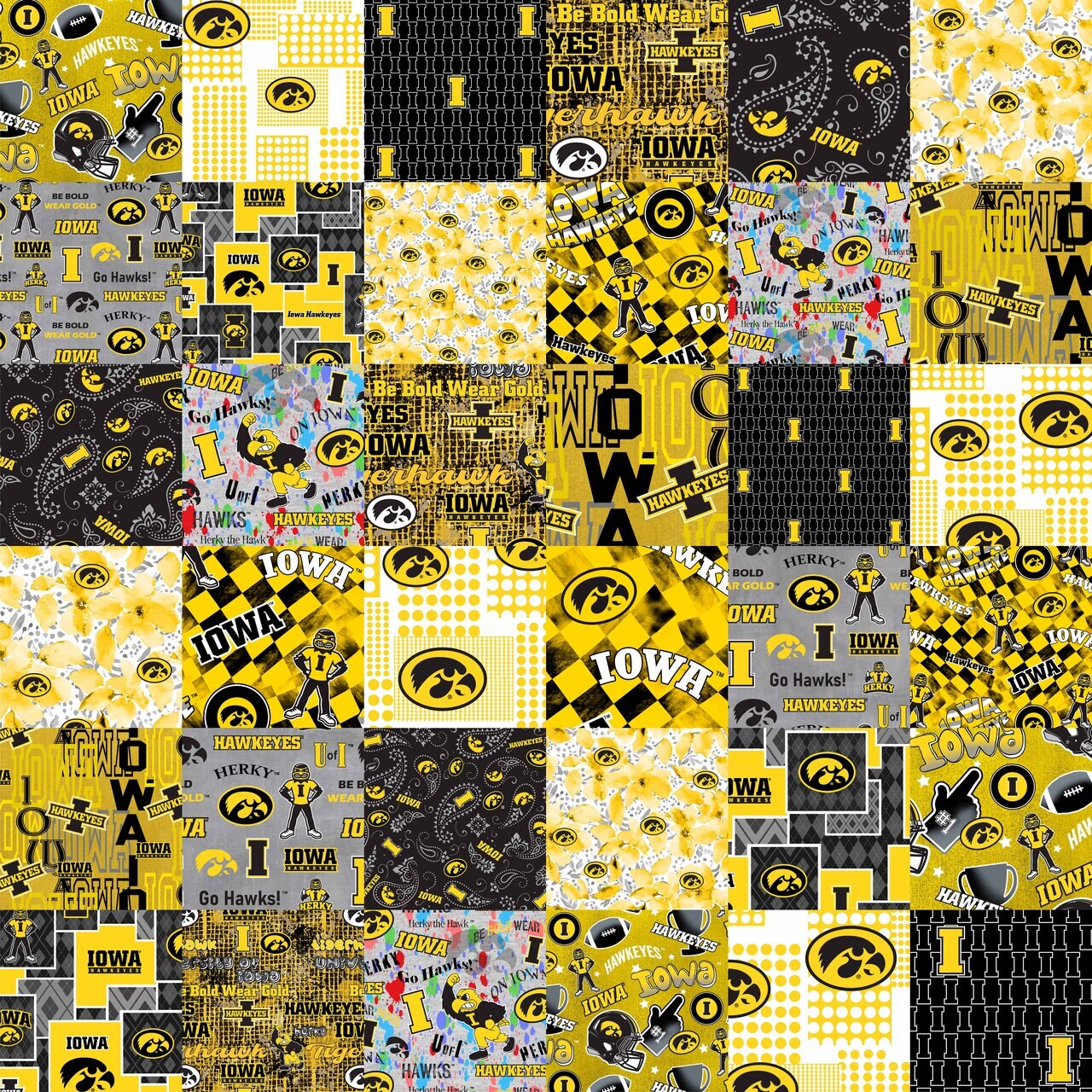 Sykel Enterprises-University of Iowa Cheater Quilt Printed Cotton Fabric-Iowa Hawkeyes Cotton Fabric with Patchwork Cheater Quilt Print-60&#x201D; Width