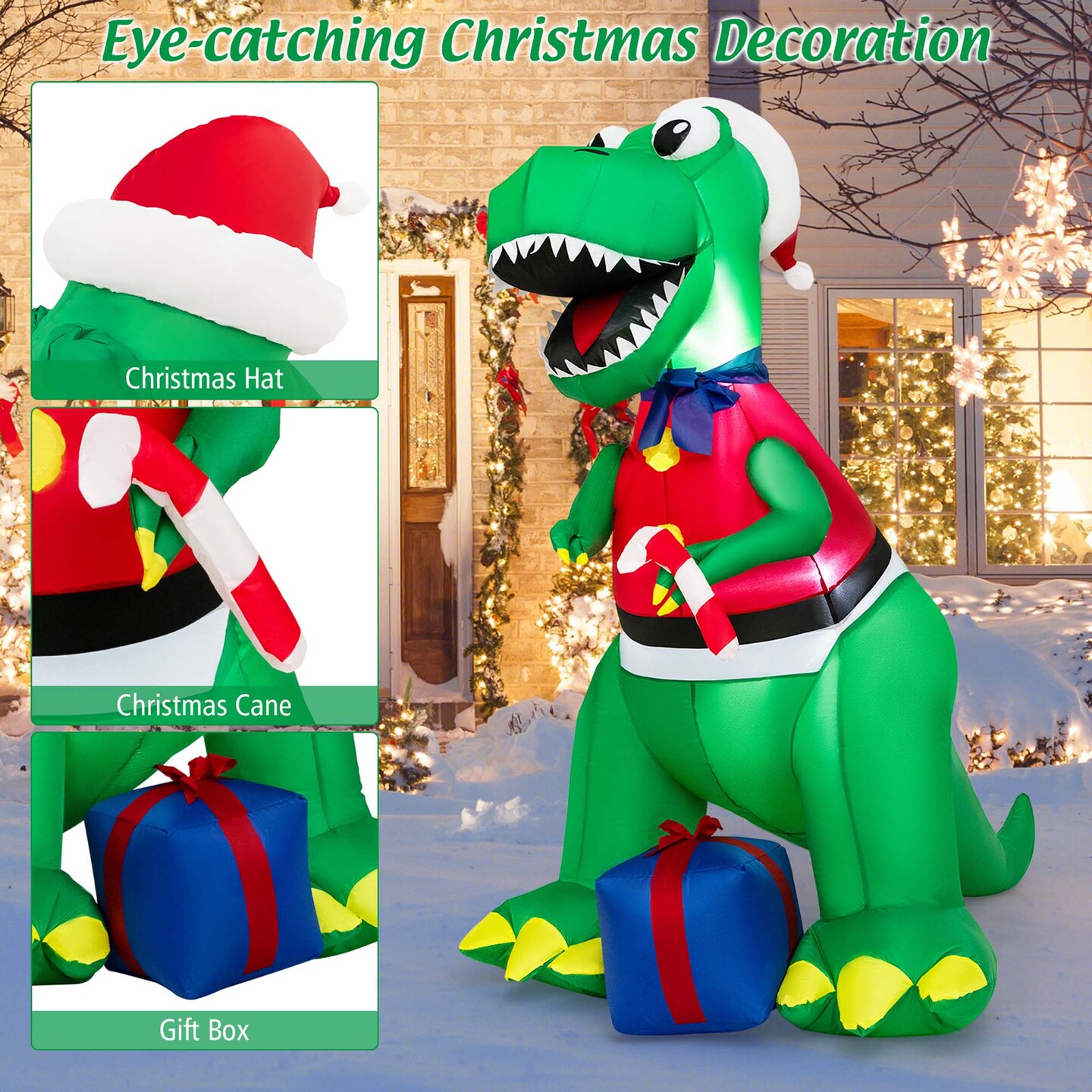 Costway 6FT Inflatable Christmas Dinosaur Dinosaur Decoration with LED Lights &#x26; Gift Box