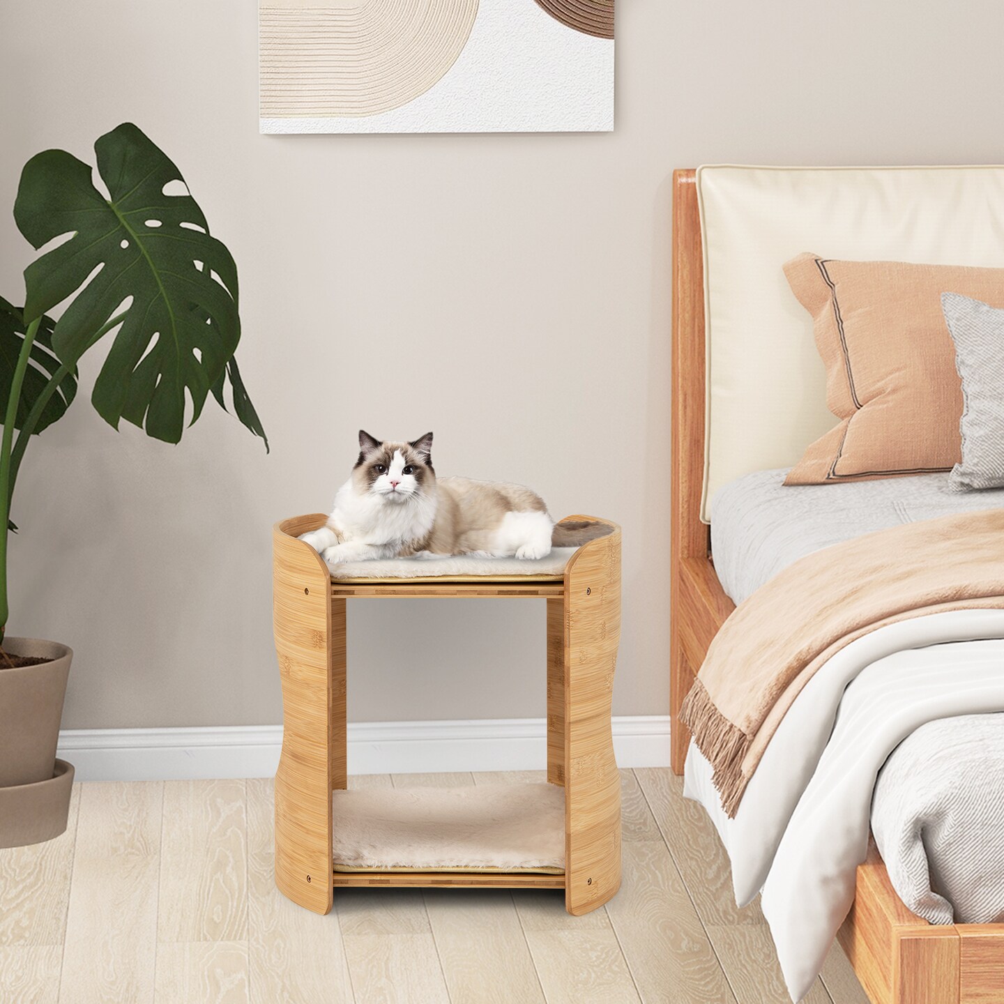 2-tier Cute Small Cat Tree For Indoor Cats with Wicker Frame