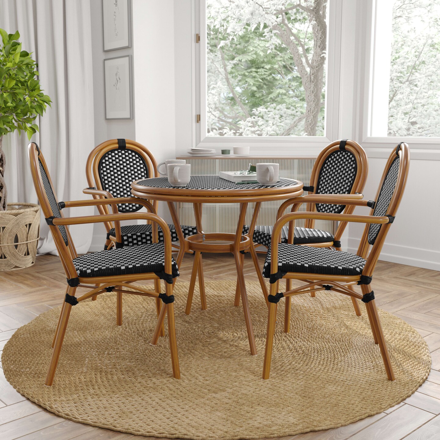 Merrick Lane Celia Set of Four Stacking Thonet Bistro Style Chair with Arms, PE Rattan Seat, and Metal Frame for Indoor/Outdoor Use