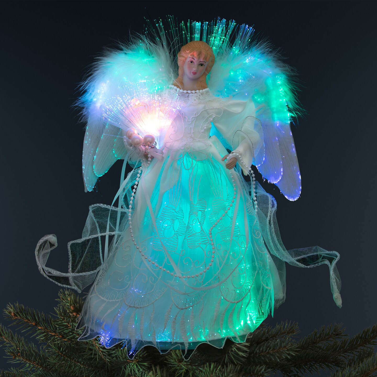 Northlight Fiber Optic Color-Changing Angel with Dove Christmas Tree Topper - 12" - White