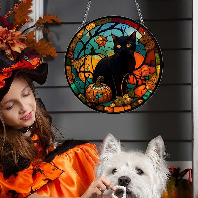 Halloween Blcak Cat Hanging Decorations Indoor with Suction Cup- Outdoor Scary Black Cat Hanging Decorations for Front Door Wall,Acrylic Halloween Wreaths for Front Door
