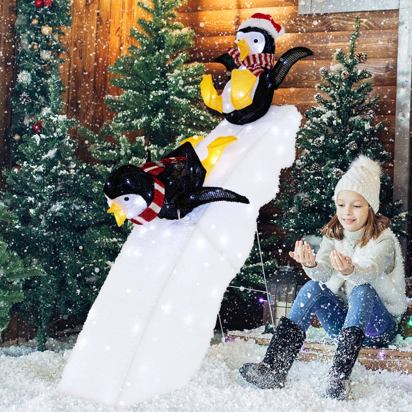 Costway 4FT Pre-Lit Christmas Penguin Ice Skating Decoration with Snowy Slide &#x26; LED Lights