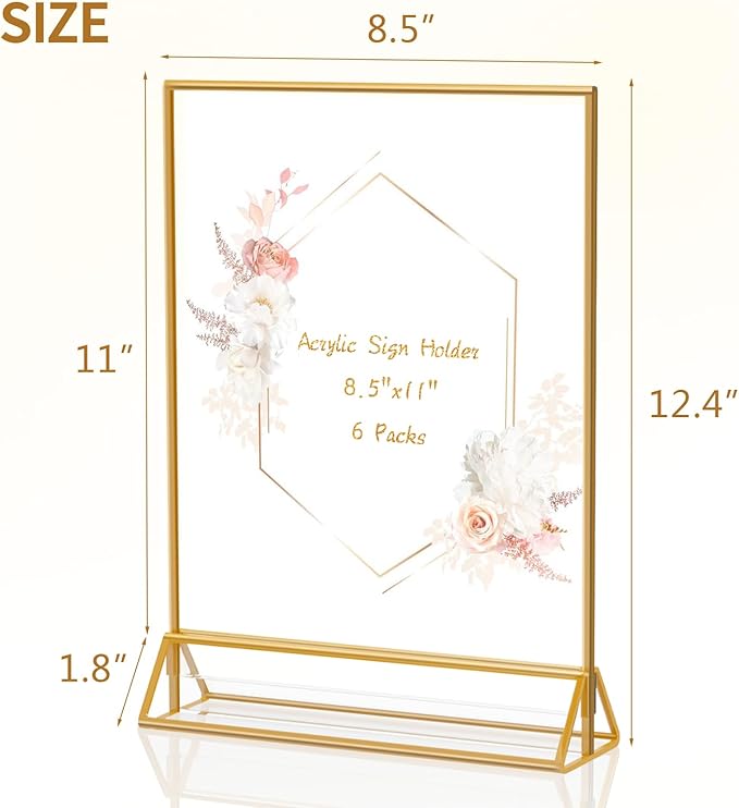 Gold Frames Clear Acrylic Sign Holder 8.5X11 Gold Picture Frames, Double Sided Menu Holder Display Stand for Weddings Table Number Flyer Holder( Pack of 6)