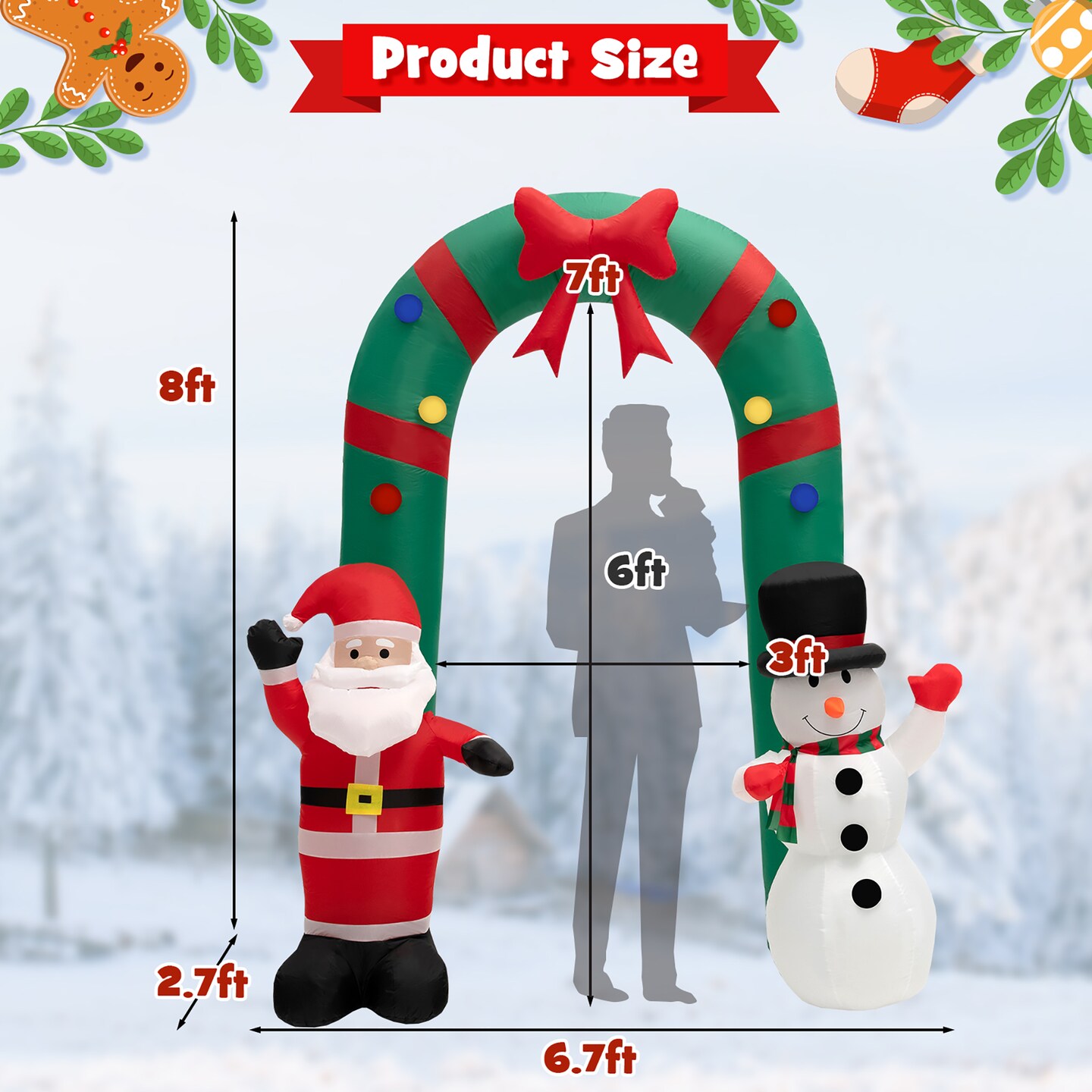 Costway 8FT Christmas Inflatable Archway w/ Santa Claus & Snowman and  LED Lights