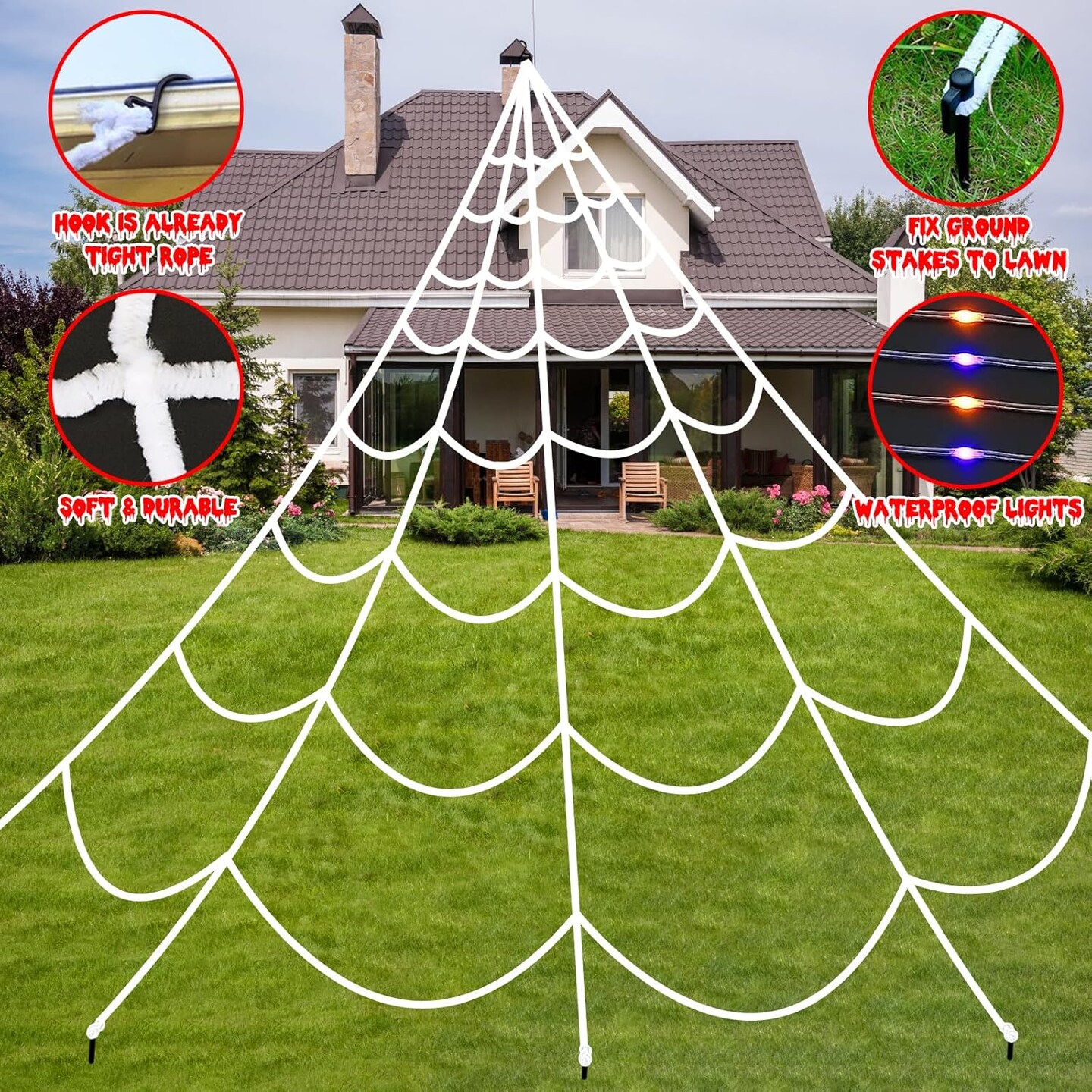 Halloween Decorations Spider Webs Lights: 150 Purple &#x26; Orange LED Halloween Lights Decor Outdoor, 17.4Ft Giant Spiderweb with 8 Lighting Modes Waterproof &#x26; Timer, Halloween Yard Decorations Outside