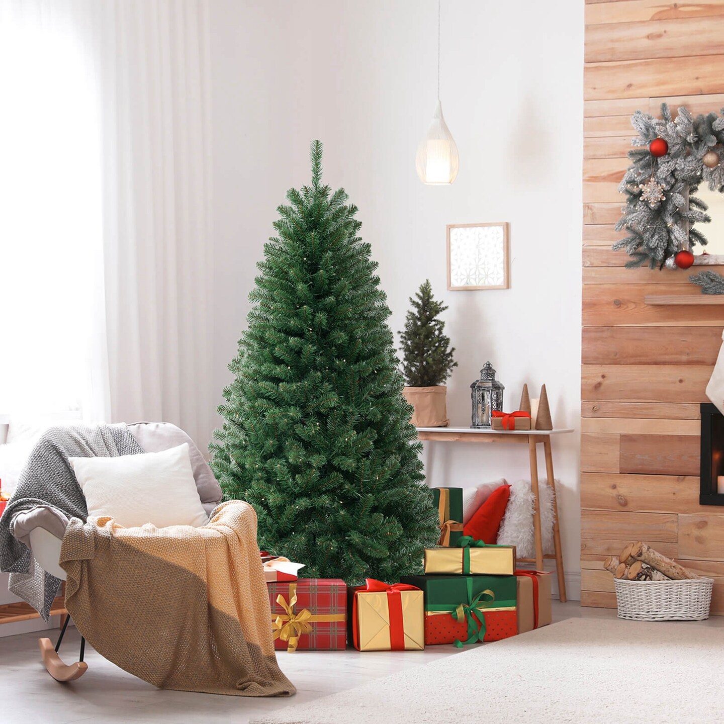 Costway 6/7/8 FT Christmas Tree with 568 PVC Branch Tips 200 Warm White LED Lights Gloves