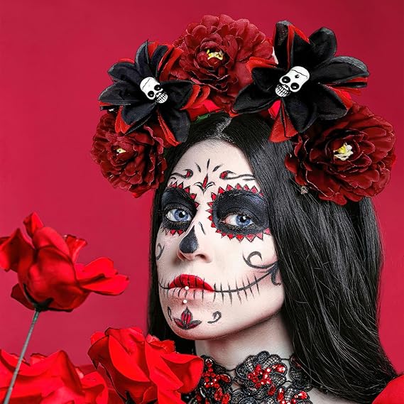 Halloween Skull Rose Headband Mexican Red