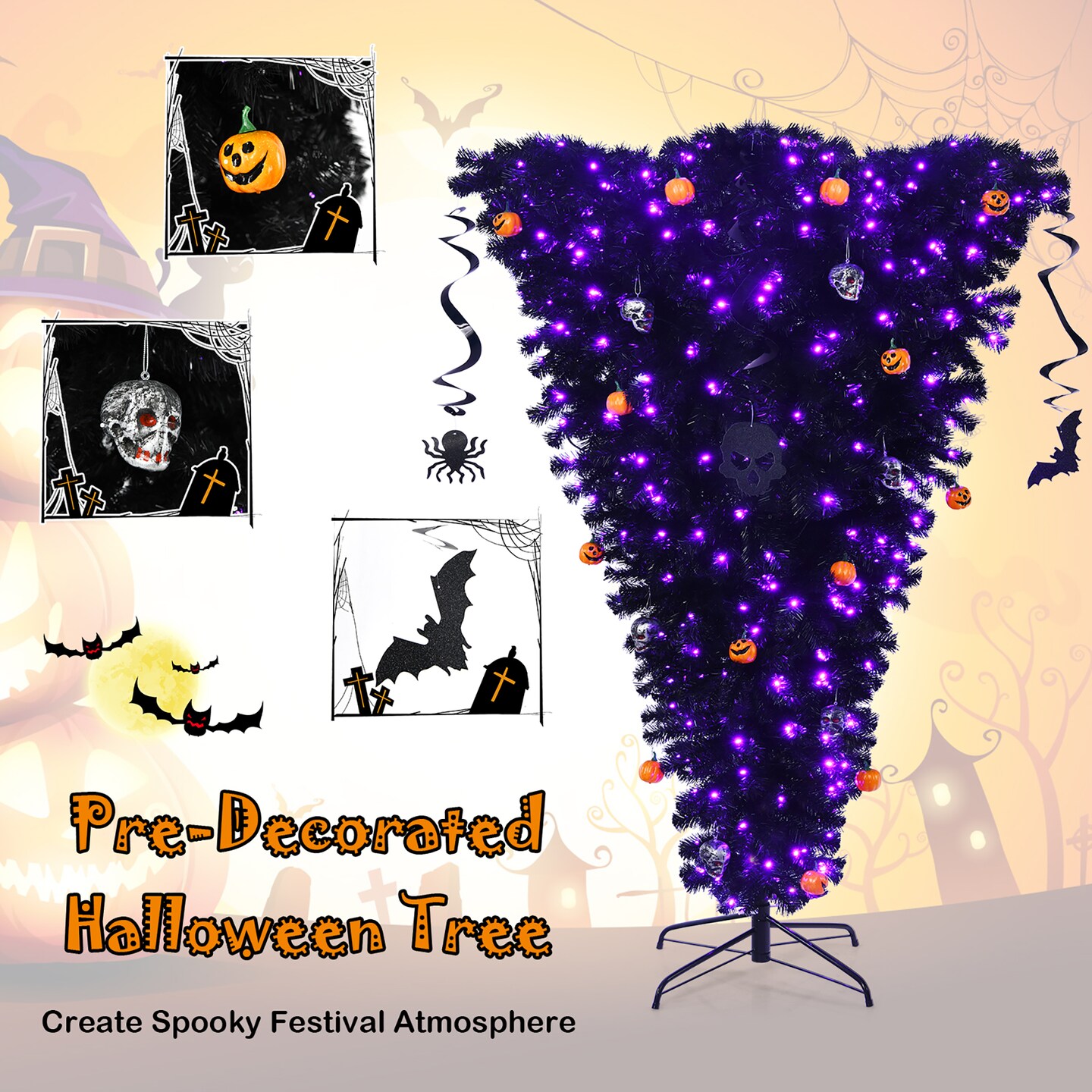 Costway 6ft Upside Down Christmas Halloween Tree Black w/270 Purple LED Lights