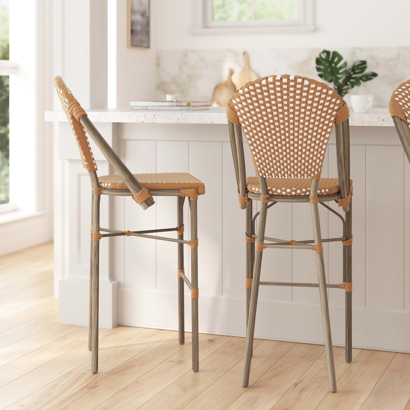 Merrick Lane Celia Set of Two Indoor/Outdoor Stacking Bistro Bar Stools with White and Gray Patterned Seats and Backs & Bamboo Finished Metal Frames