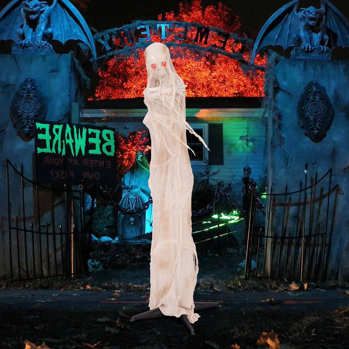 Costway 6FT Halloween Animated Standing Mummy Life Size Animatronic Mummy w/ LED Red Glowing Eyes Posable Body Sound Activation