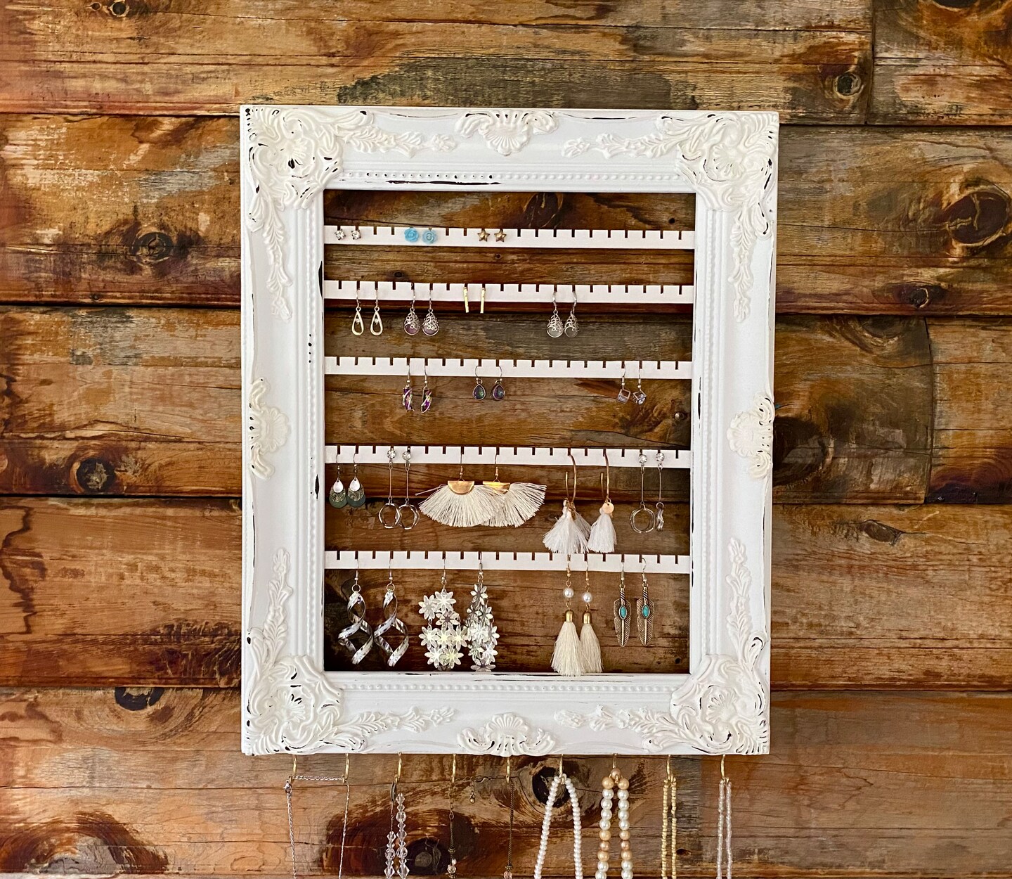 Distressed White Wall Hanging Earring Organizer White Earring Bars, Jewelry Organizer, Earring Display Rack, Custom Ornate Earring Holder