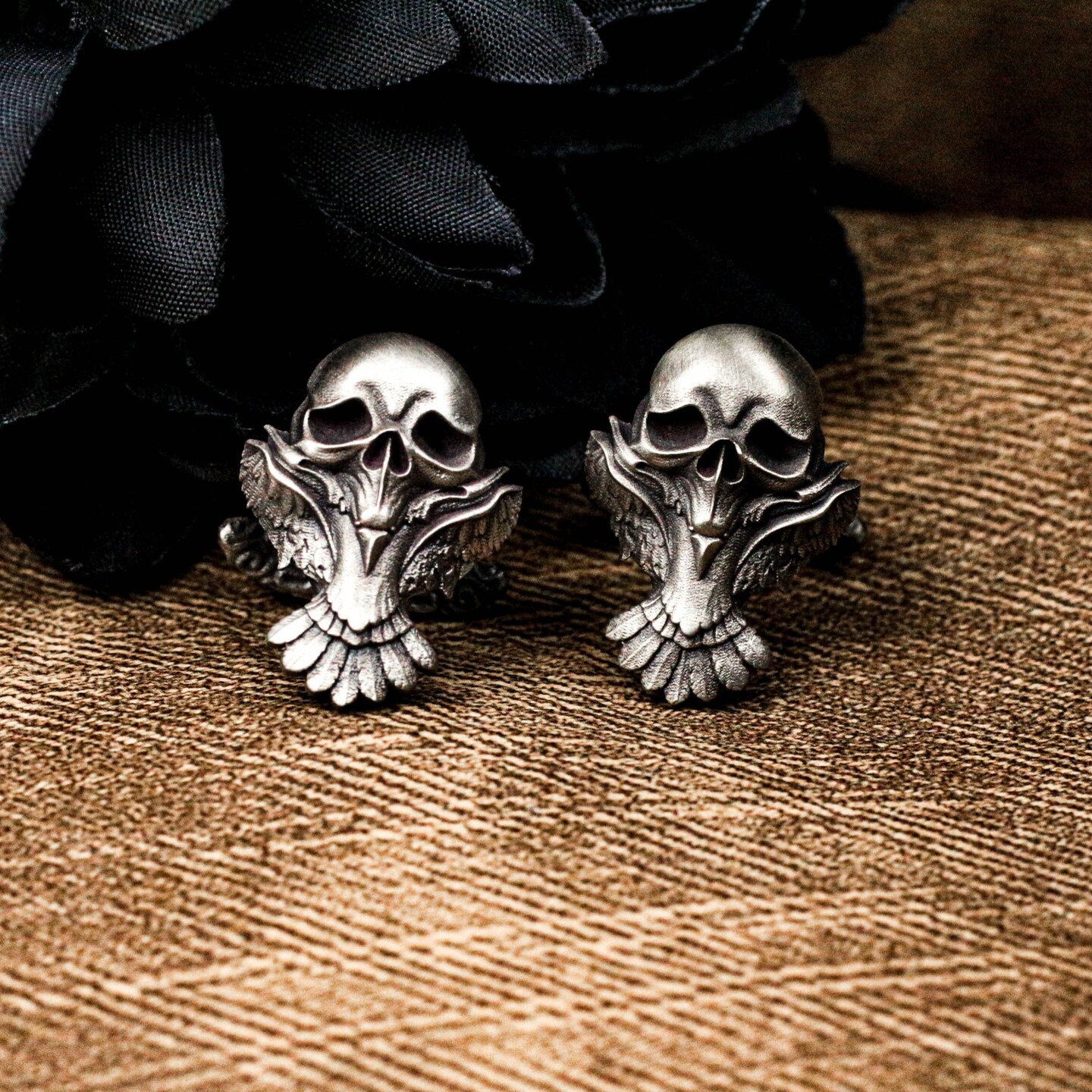 925 Silver Skull Owl Cufflinks: Engraved Bird Head Cufflinks