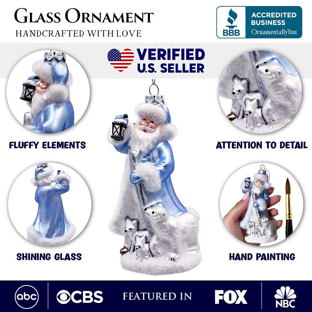 Polar Whisperer Santa Glass Christmas Ornament, Arctic Polar Bear, Wolf, and Bunny Rabbit