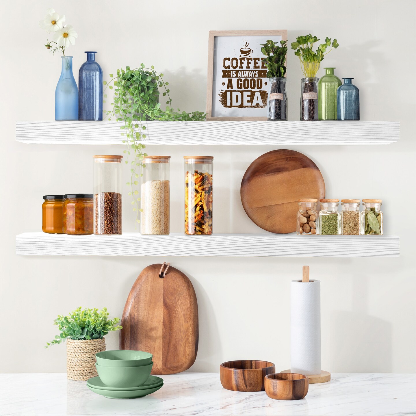 Sorbus Wood Floating Shelves for Wall - 35” Solid Wood Wall Shelves for Bathroom Decor, Books, Bedroom & Living Room - Set of 2 Black Wall Mounted Kitchen Shelves - Durable 100% Premium Solid Pine