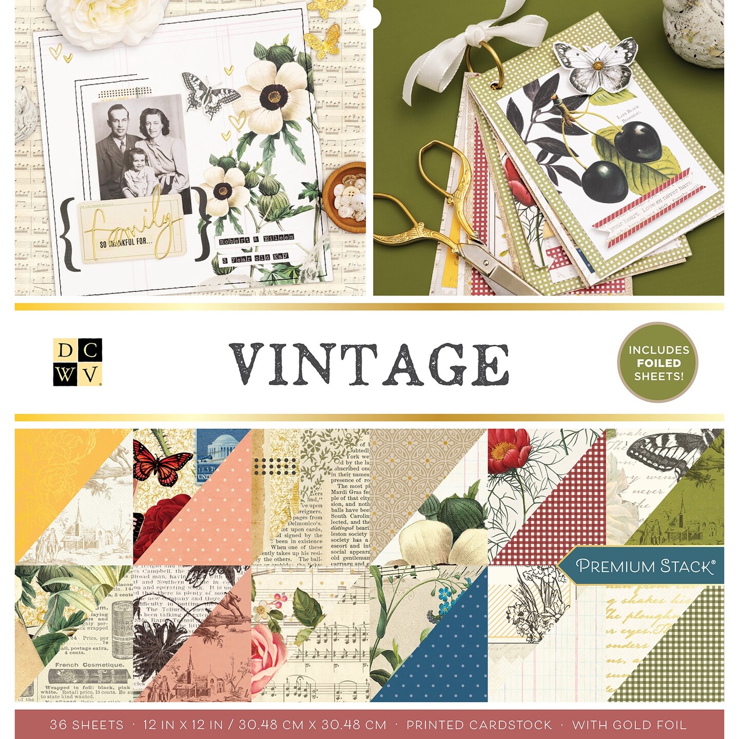 DCWV Double-Sided Cardstock Stack 12&#x22;X12&#x22; 36/Pkg-Vintage, W/Gold Foil