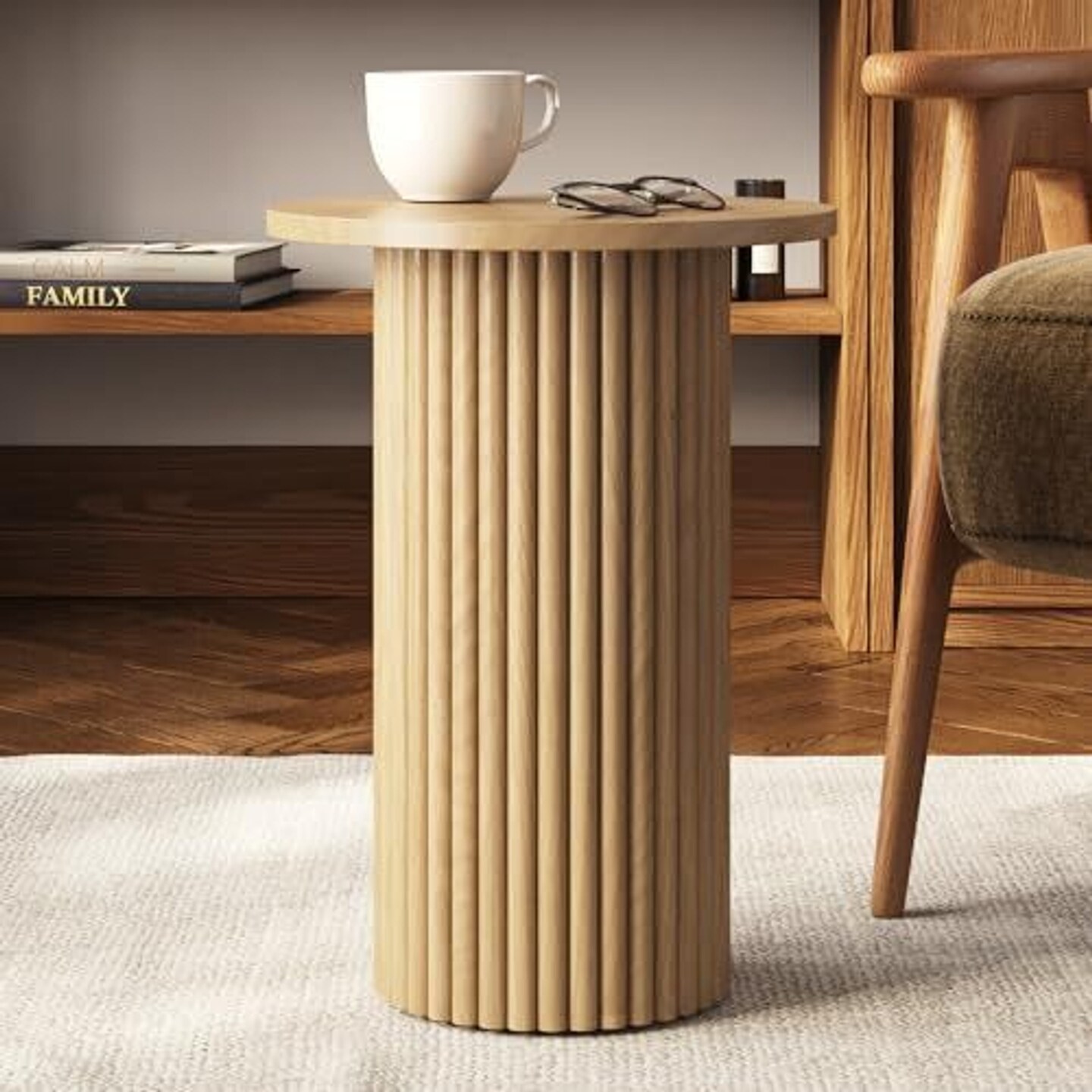Round Fluted Drink Table - Modern Home, Bedroom, and Living Room Desk Furniture - Small Wooden Round End Table with a Solid Base and Wood Veneer Top (Natural Oak Finish)