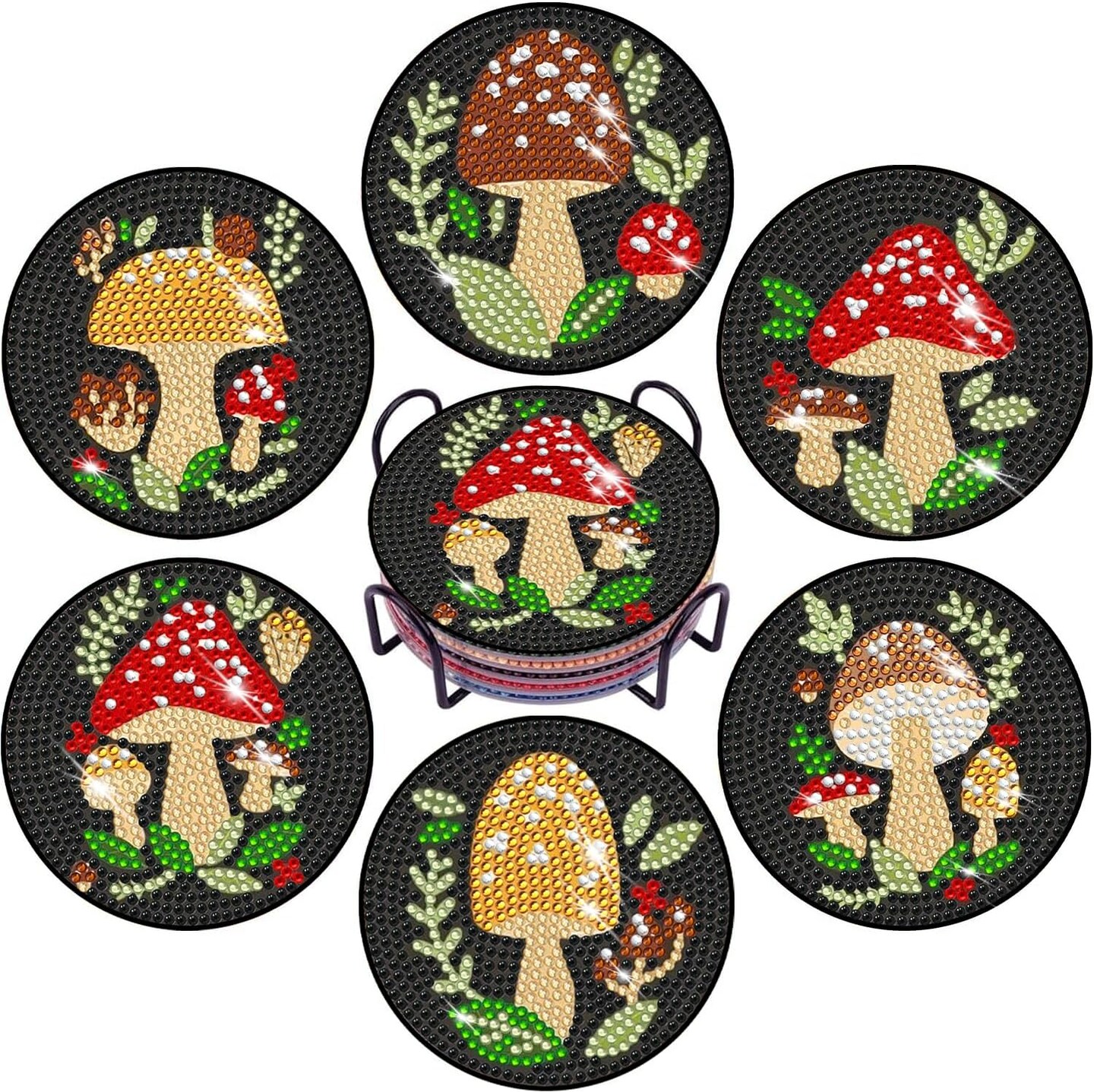 6 PCS Diamond Painting Art Coaster Set with Holder Diamond Art Coasters Small Diamond Painting Coasters Kit for Beginners Adults and Art Craft Supplies Item Mushroom Shaped.