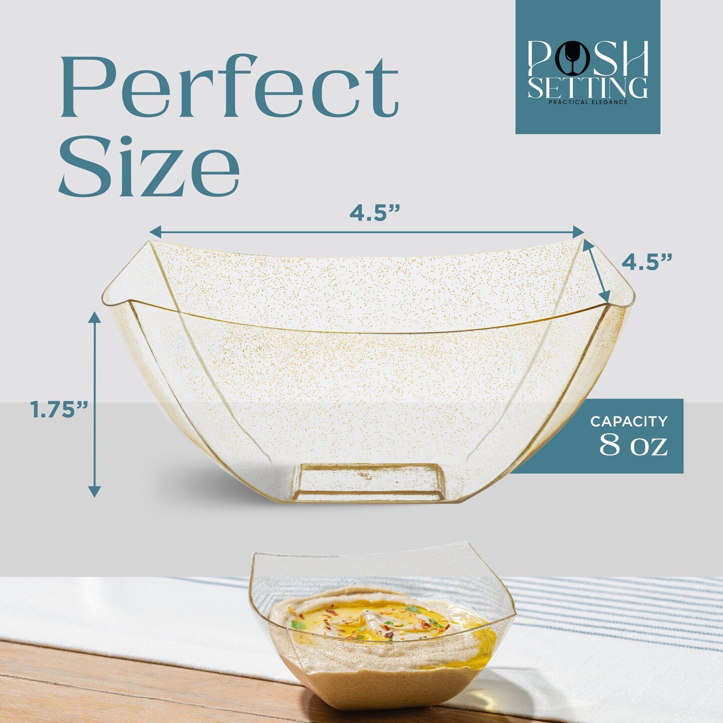 Posh Setting - Gold Glitter Plastic Serving Bowls for Party (8oz - 4 Pack) Square Bowls, Disposable Chip Bowls, Candy Bowls for Party Table, Salad Bowls for Party, Candy Containers for Candy Buffet