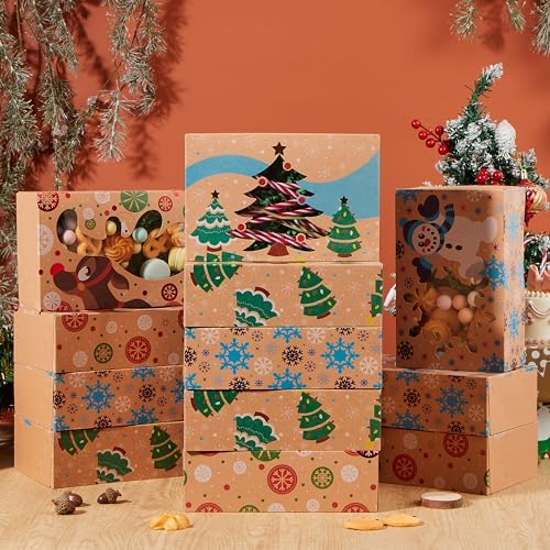 JOYIN 12 Foiled Kraft Christmas Cookie Boxes with Window 8.5&#x22; x 5.75&#x22; x 2.75&#x22;, Treat Boxes with 3 Designs for Pastries, Cupcakes, Brownies, Gift-Giving, Doughnut and Cookie, Brown Kraft Bakery Boxes
