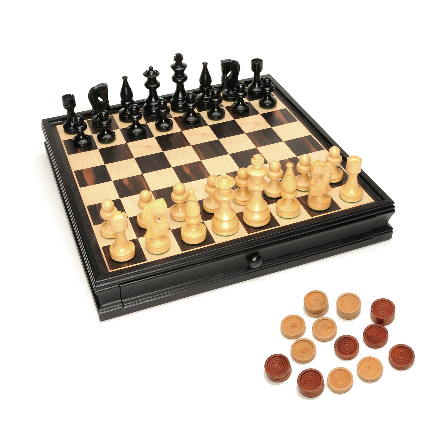 WE Games Russian Style Chess & Checkers Game Set - Weighted Chessmen & Black Stained Wood Board with Storage Drawers 15 in.